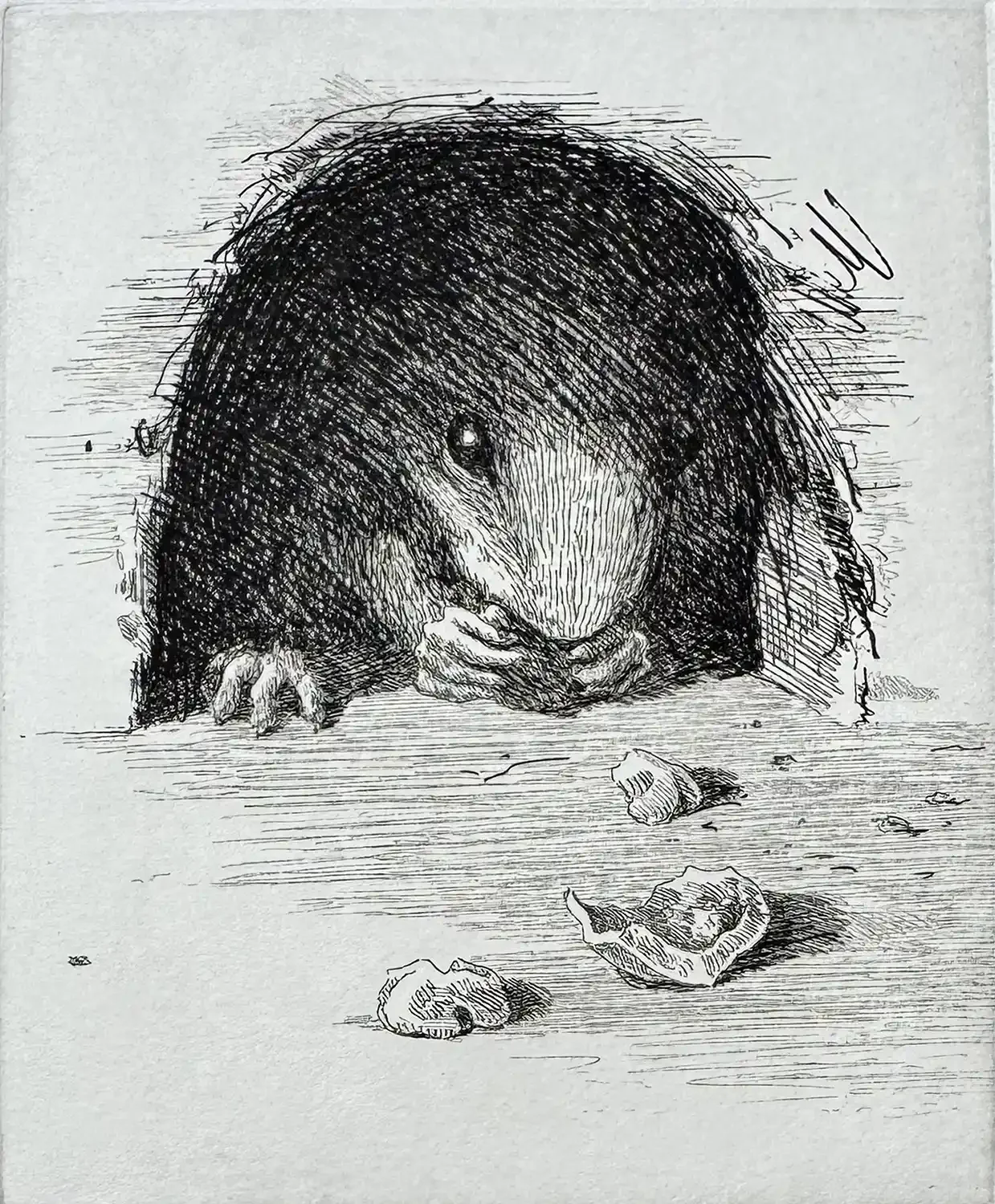 Soft ground etching with aquatint by Charles Eckart titled The Gift, showing a small mole peeking from its burrow while holding a morsel in its paws.