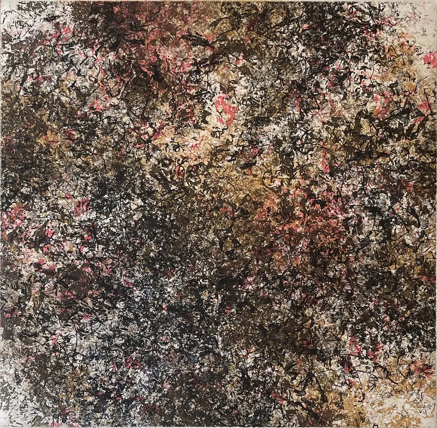Softground etching by Charles Eckart titled No. 14, featuring layered textures of black, red, and ochre lines forming an abstract organic surface.