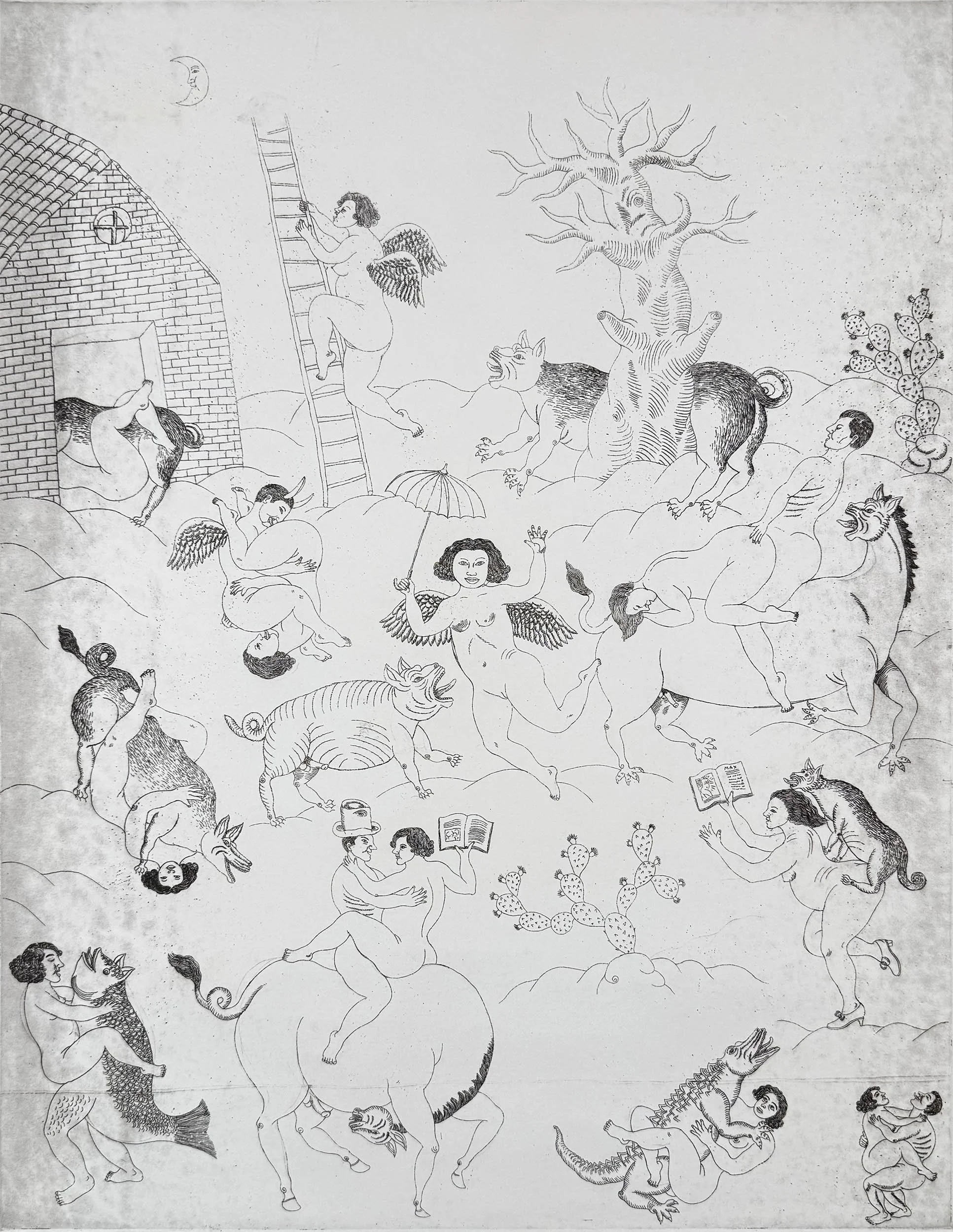 El Jardín de las Delicias, 1970 etching by Maximino Javier depicting winged figures, mythical animals, and surreal imagery in a dreamlike landscape.