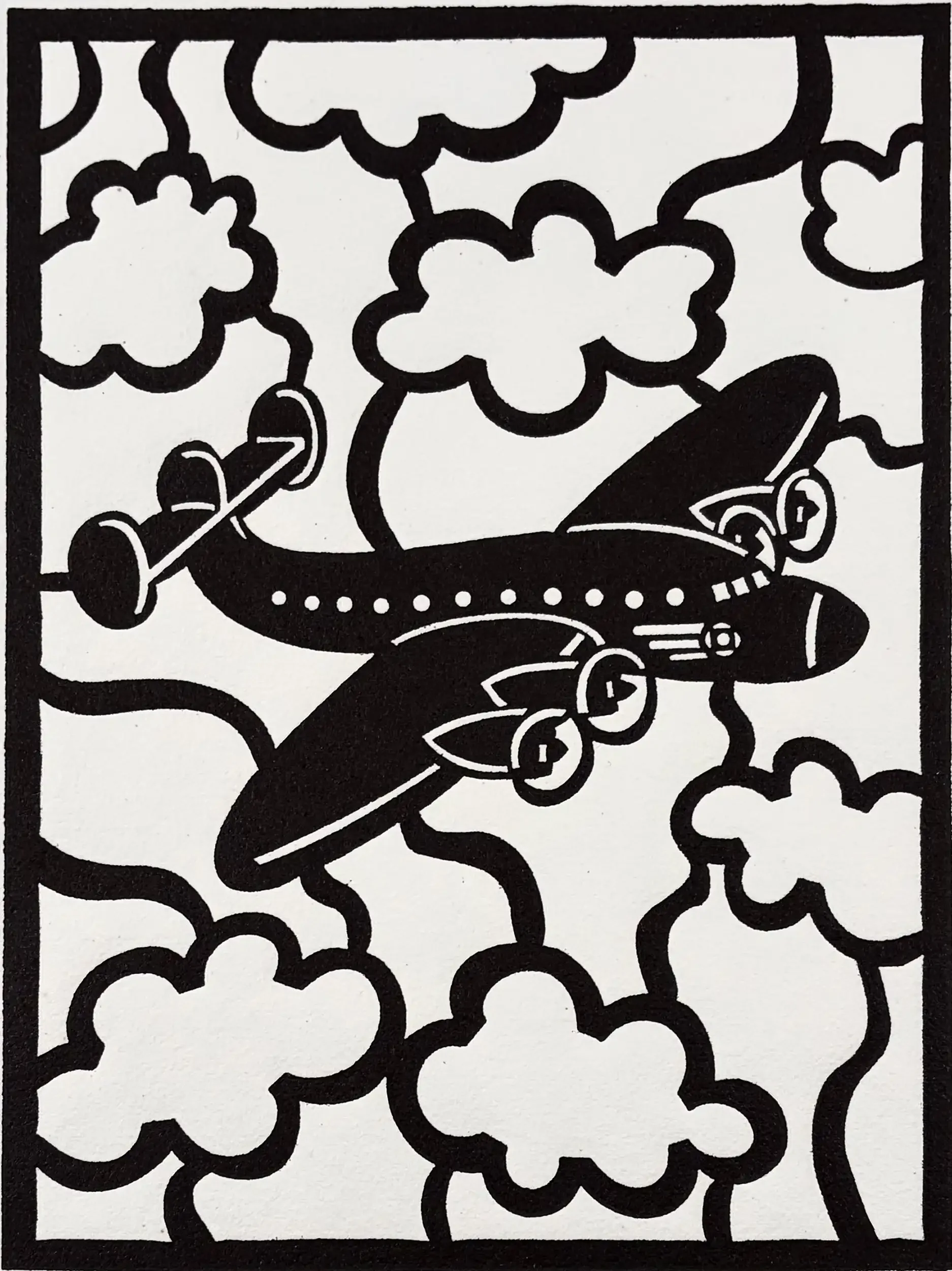 Frank Romero Lockheed Connie woodcut featuring a Lockheed Constellation airplane flying through stylized clouds.