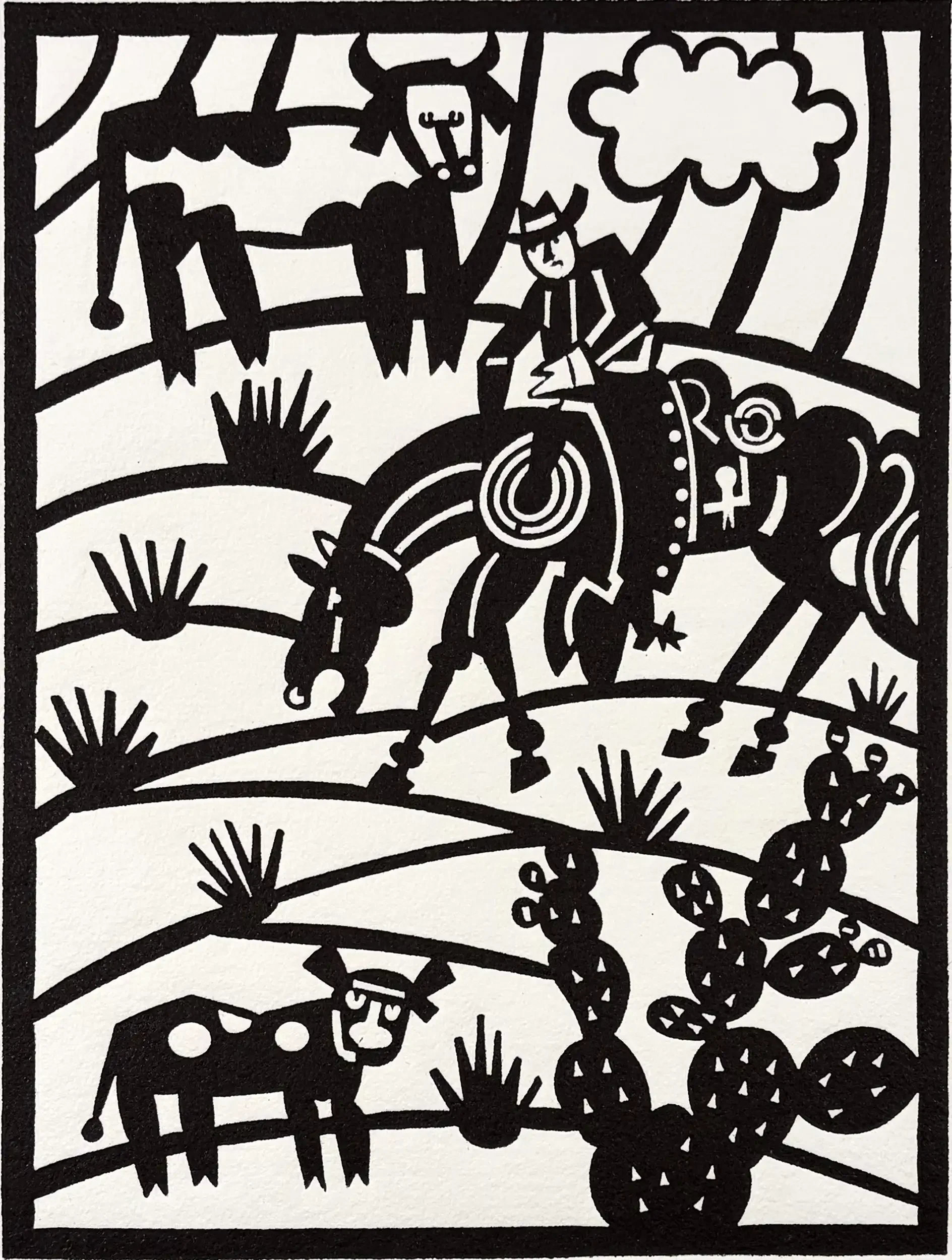 Frank Romero Cattle Ranch woodcut featuring cattle, a horseback rider, and a ranch landscape.