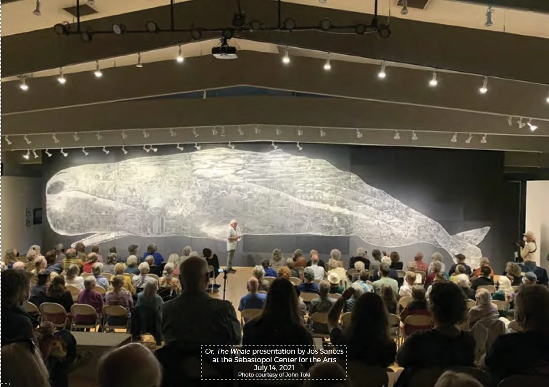 Full view of Jos Sances’s mural Or, The Whale, a large scratchboard image of a sperm whale filled with detailed scenes.