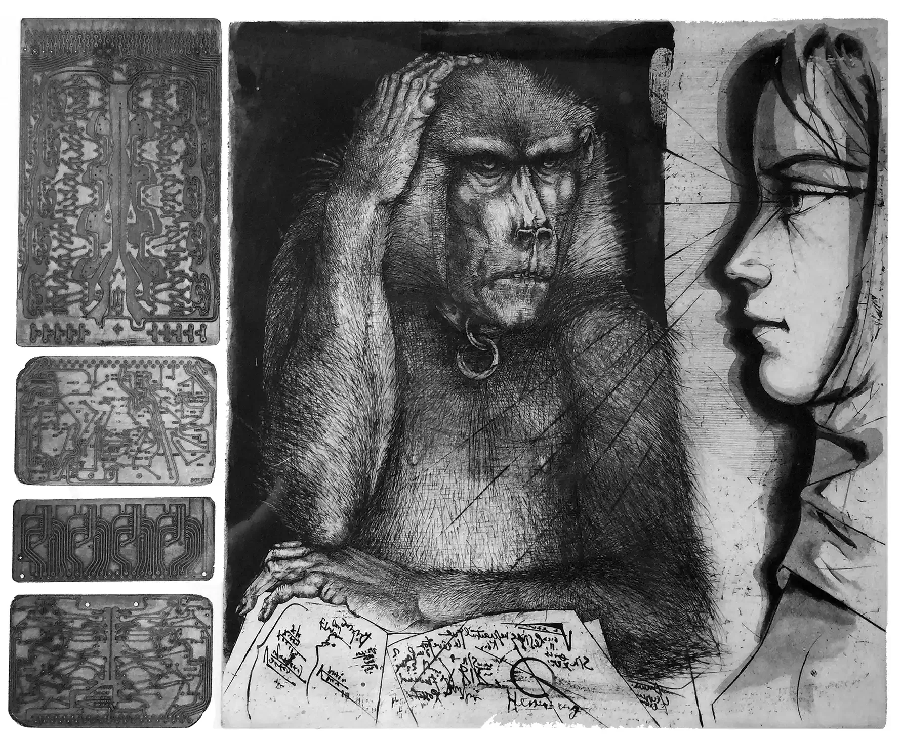 Etching and engraving by Pierre-Yves Trémois showing a baboon beside circuit-like panels and a woman’s profile, titled Le singe à l’électronique, 1976.