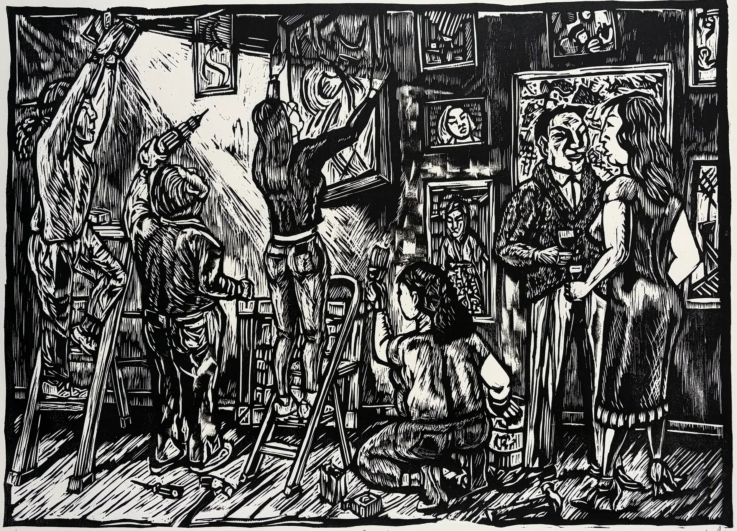 Art Hazelwood Art Auction linocut showing people hanging and arranging framed artworks in a gallery or auction setting, contemporary relief print.