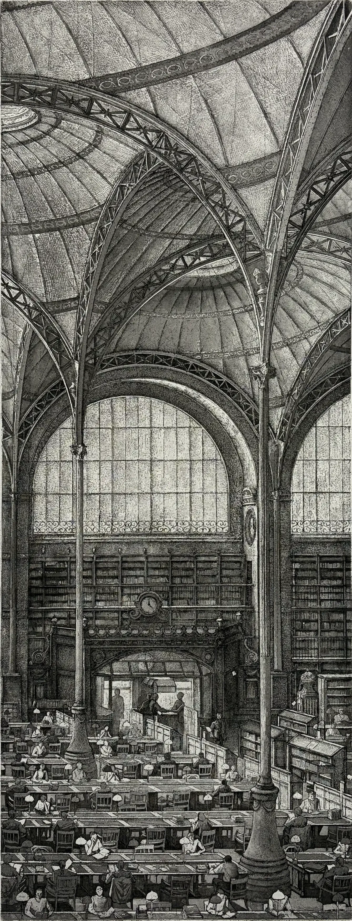Erik Desmazières Salle Labrouste côté nord fragment etching of the Bibliothèque nationale de France reading room in Paris