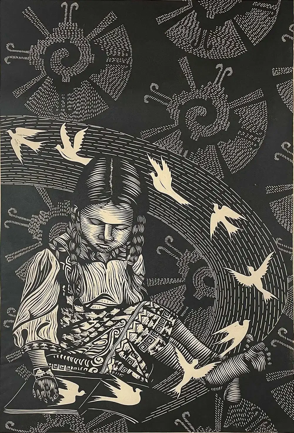 Black-and-white linocut of a young girl with braids seated with open books, surrounded by swirling doves and patterned radiating symbols; artwork by Juan Fuentes.