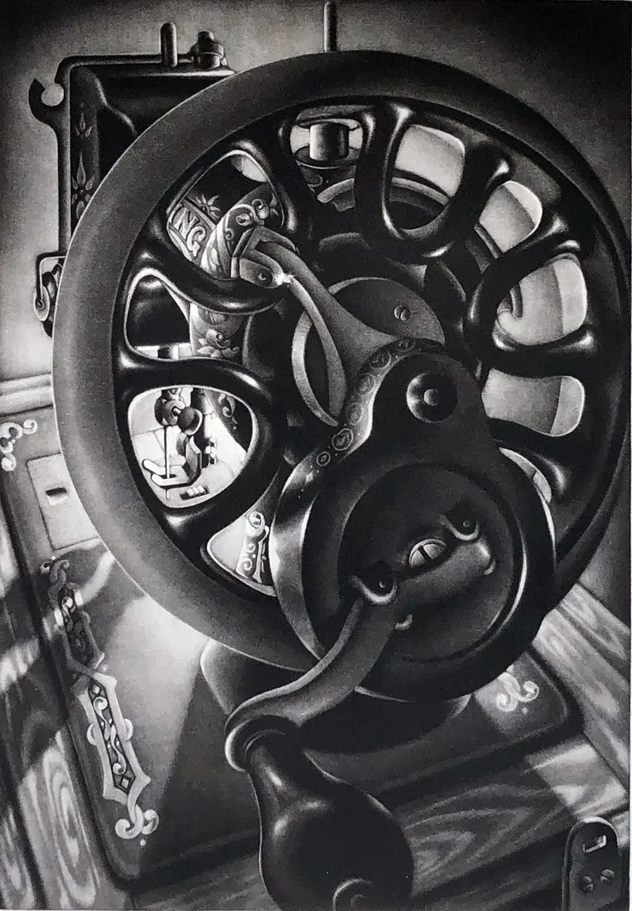 mezzotint of vintage sewing machine by Carol Wax