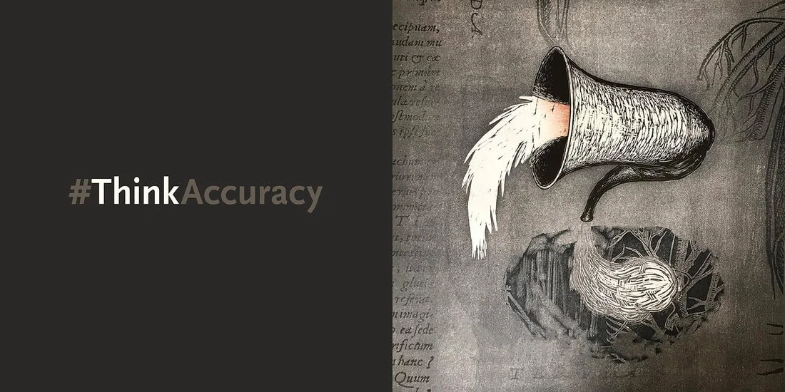 Sean Caulfield #ThinkAccuracy relief and inkjet print about media literacy and critical thinking