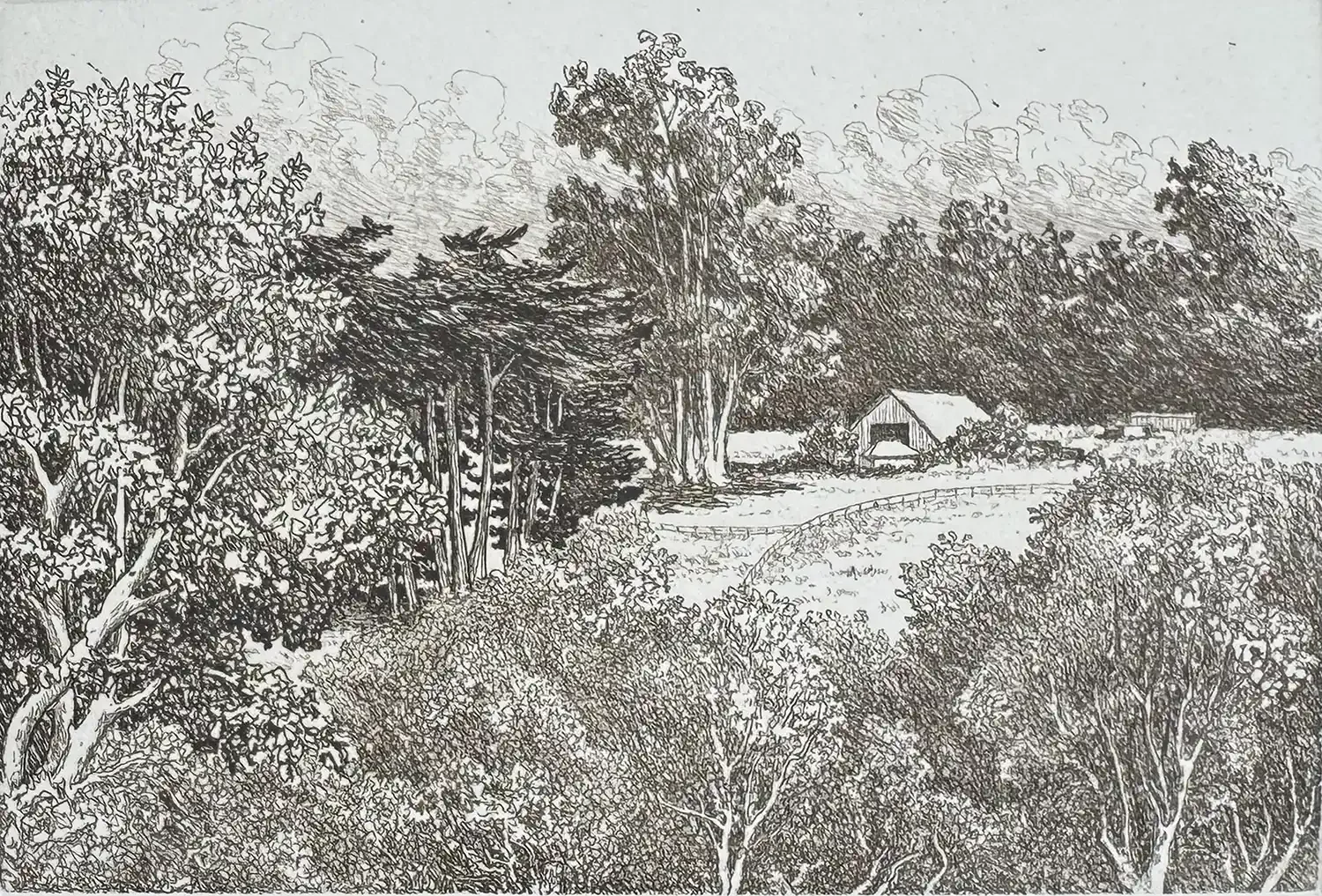 Soft ground etching with aquatint by Charles Eckart titled The Studio, showing a small rural building surrounded by trees and open fields.