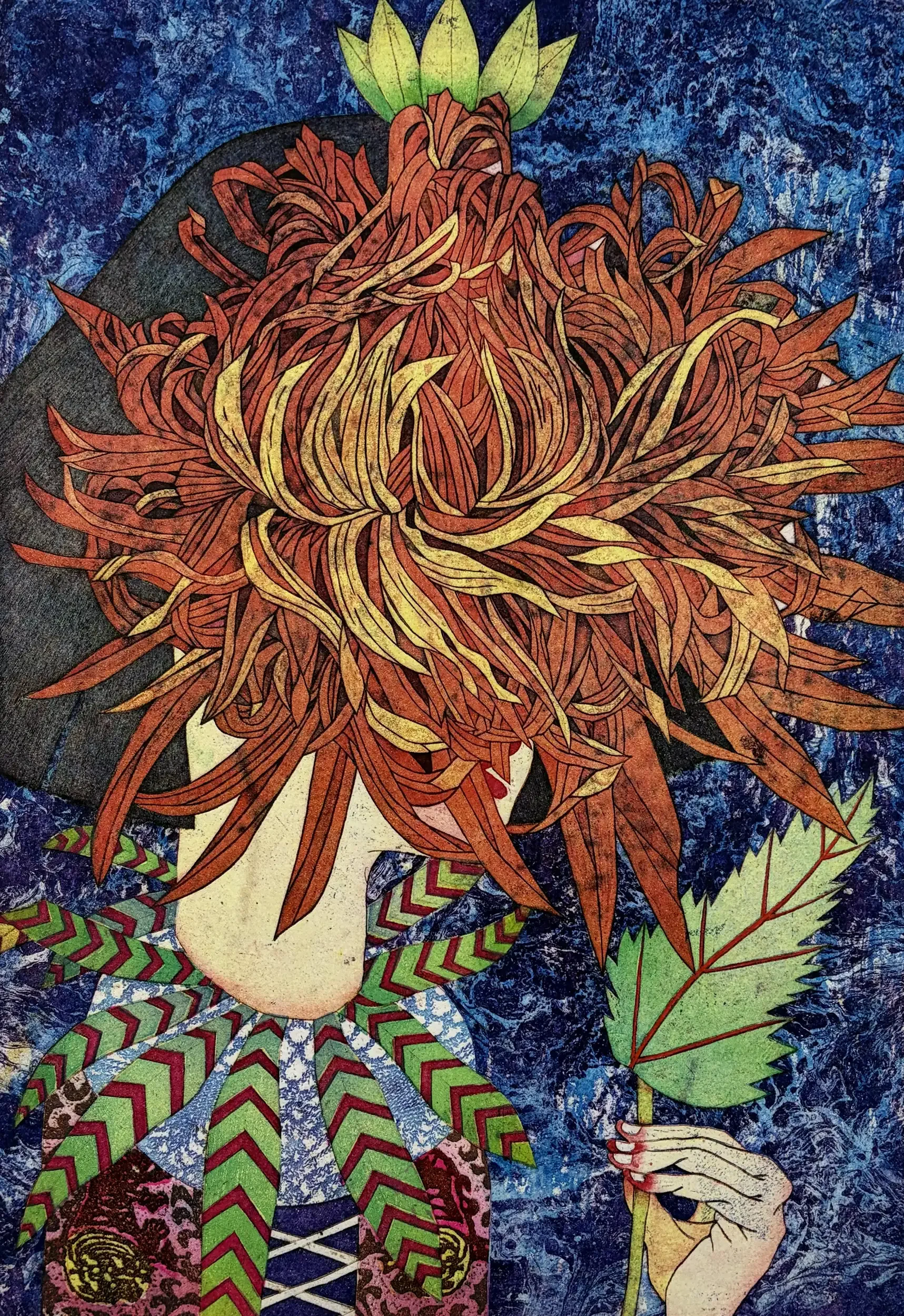 Yuji Hiratsuka Orange Blossom chine collé color intaglio print with figure, orange foliage and green leaf