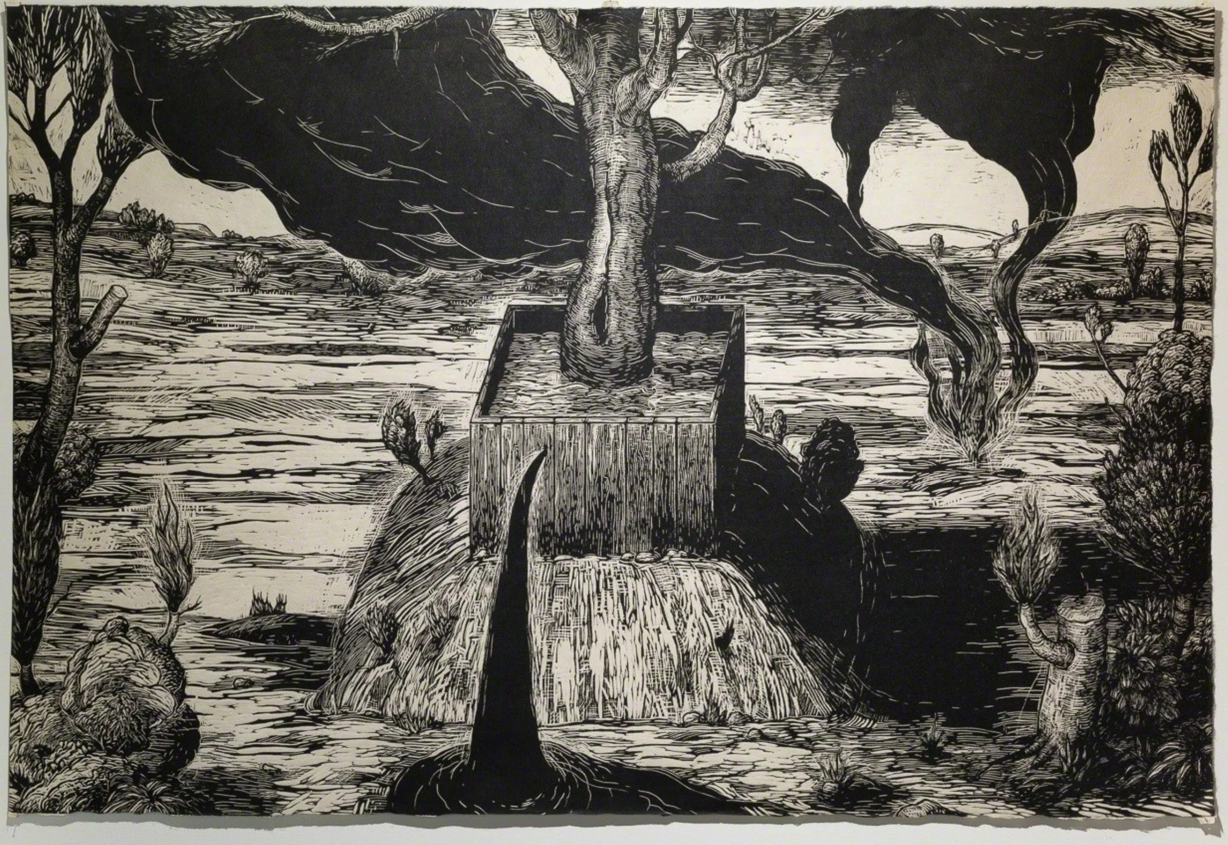 Sean Caulfield Prairie Landscape Black Wind linocut on kozo inspired by Dante's Purgatory