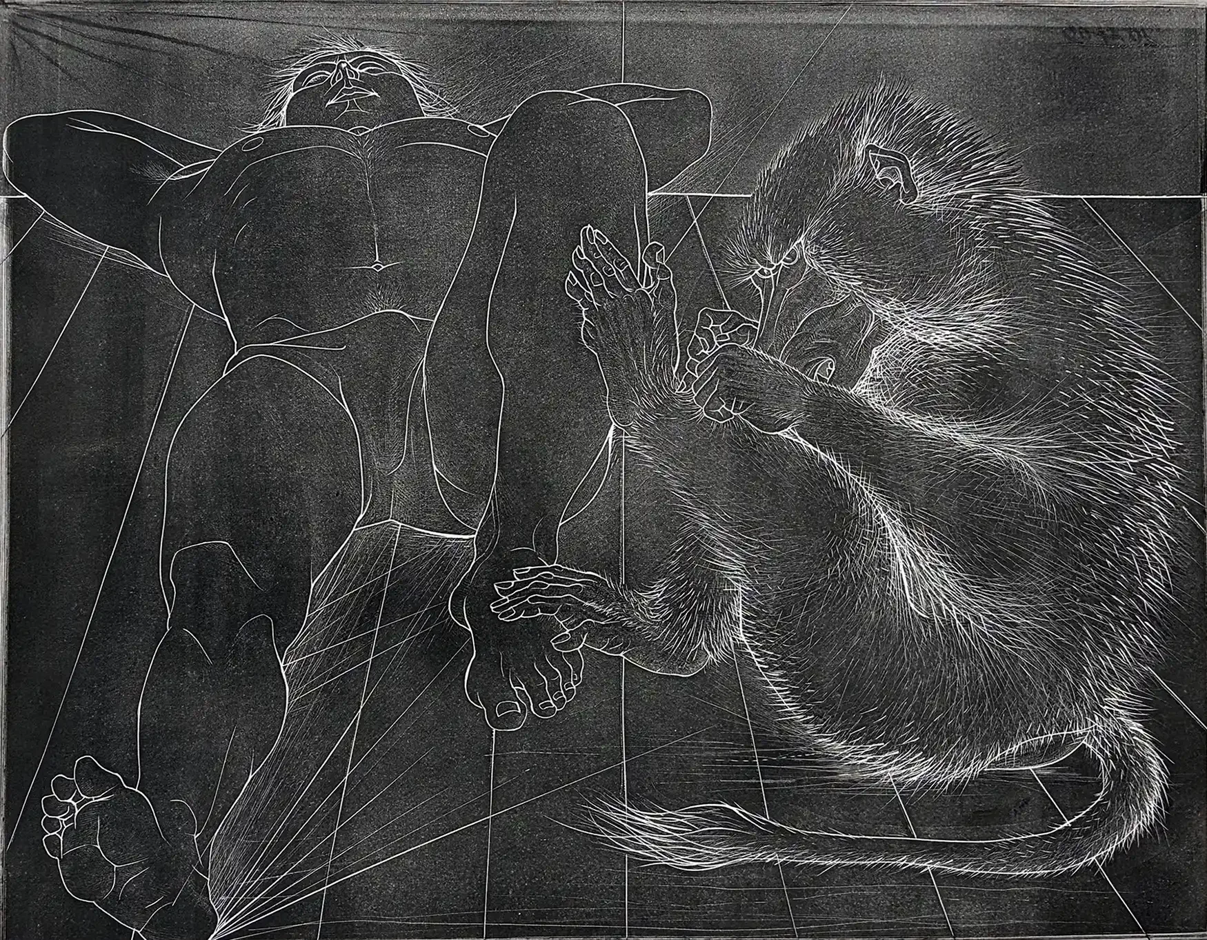 Etching and engraving by Pierre-Yves Trémois depicting a nude male figure and a baboon facing each other within a geometric space, titled Un jour, un homme, 1986.