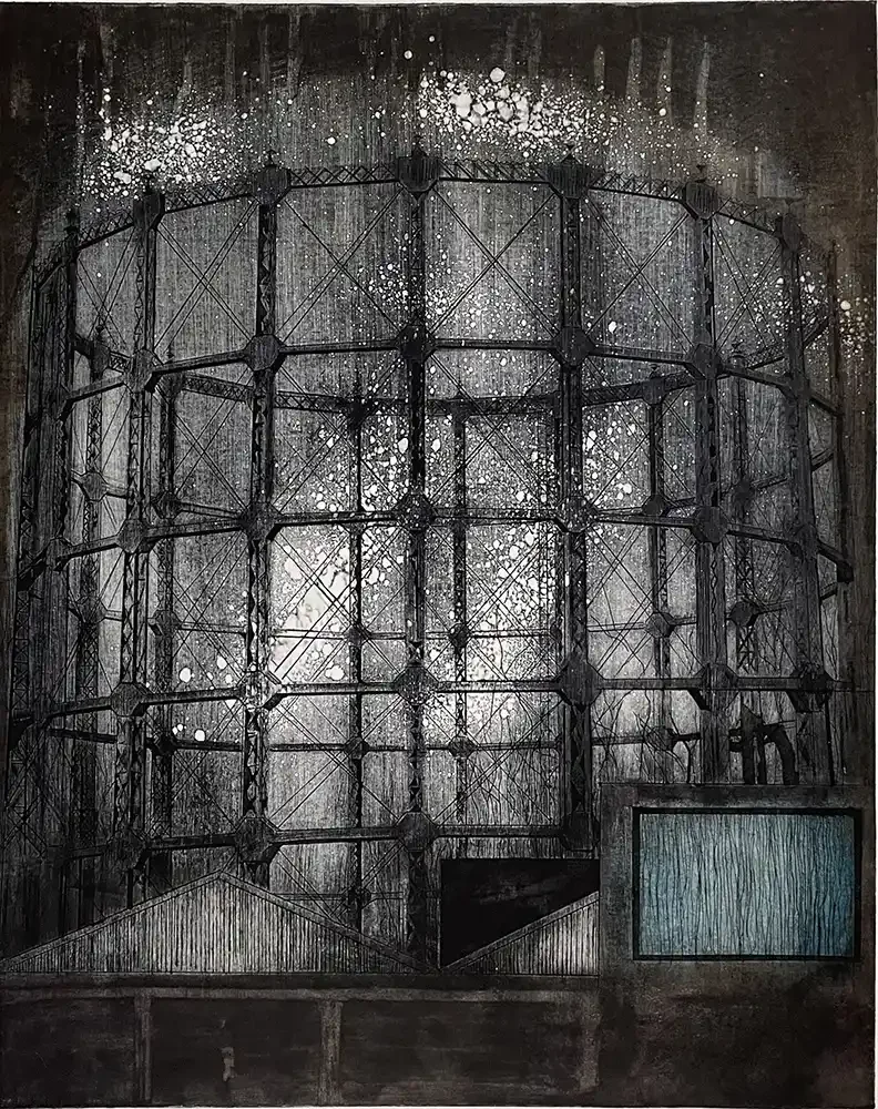 Etching of a Victorian gas tower structure by Jenny Robinson, showing intricate ironwork and atmospheric shadows.