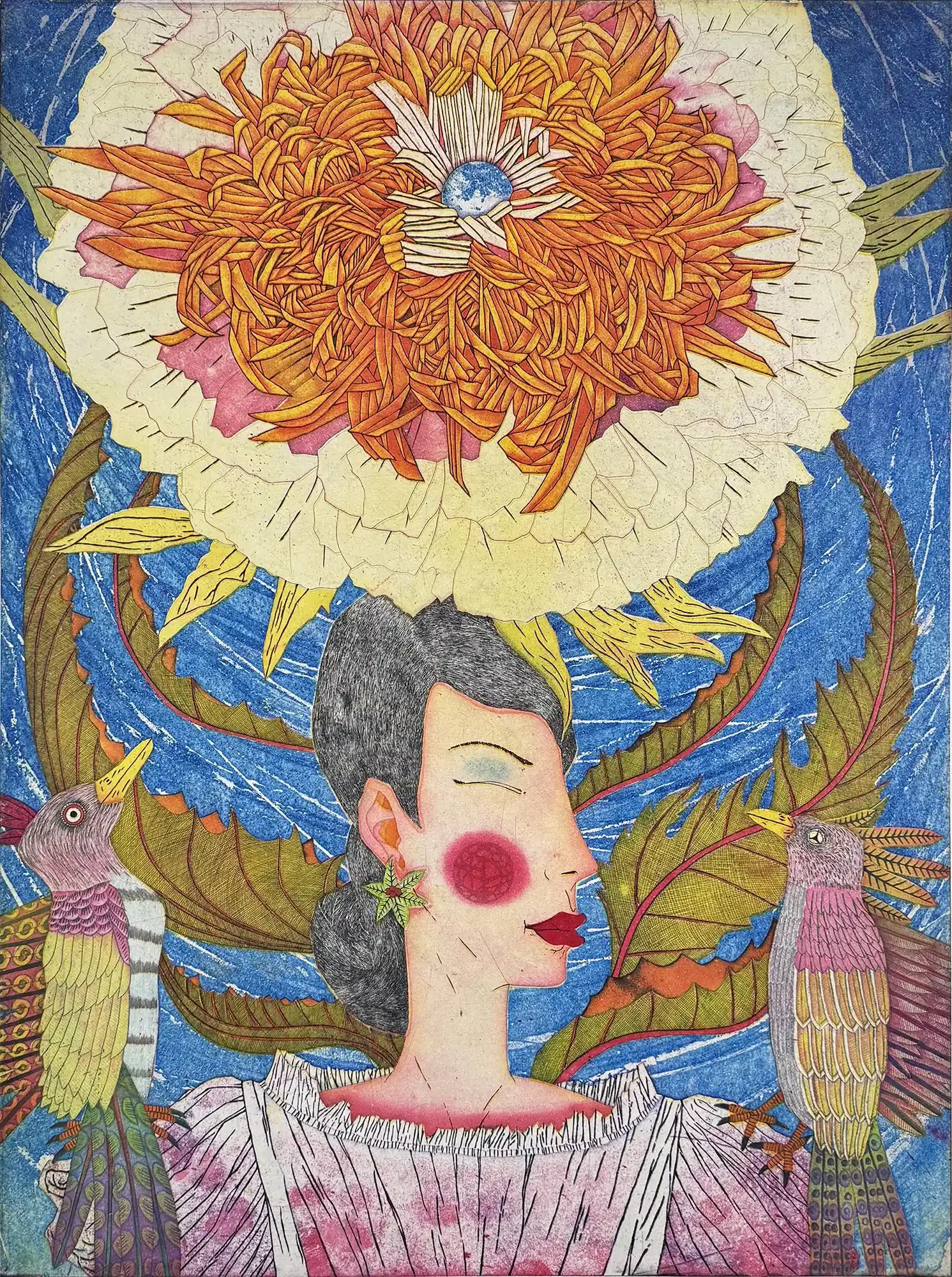 woman with birds on shoulder and huge blossom over her head