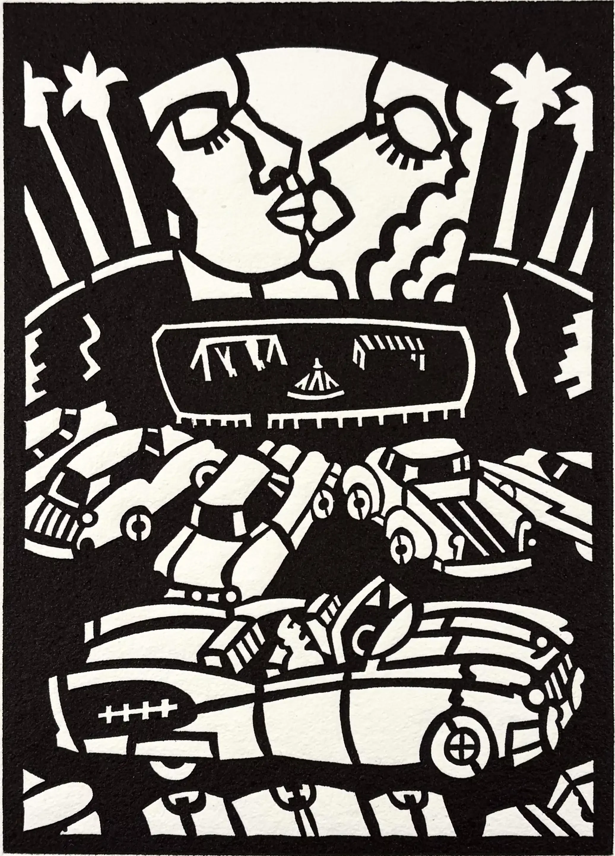 Frank Romero Drive In woodcut print featuring classic cars and a drive-in movie theater from Snapshots of the San Fernando Valley.