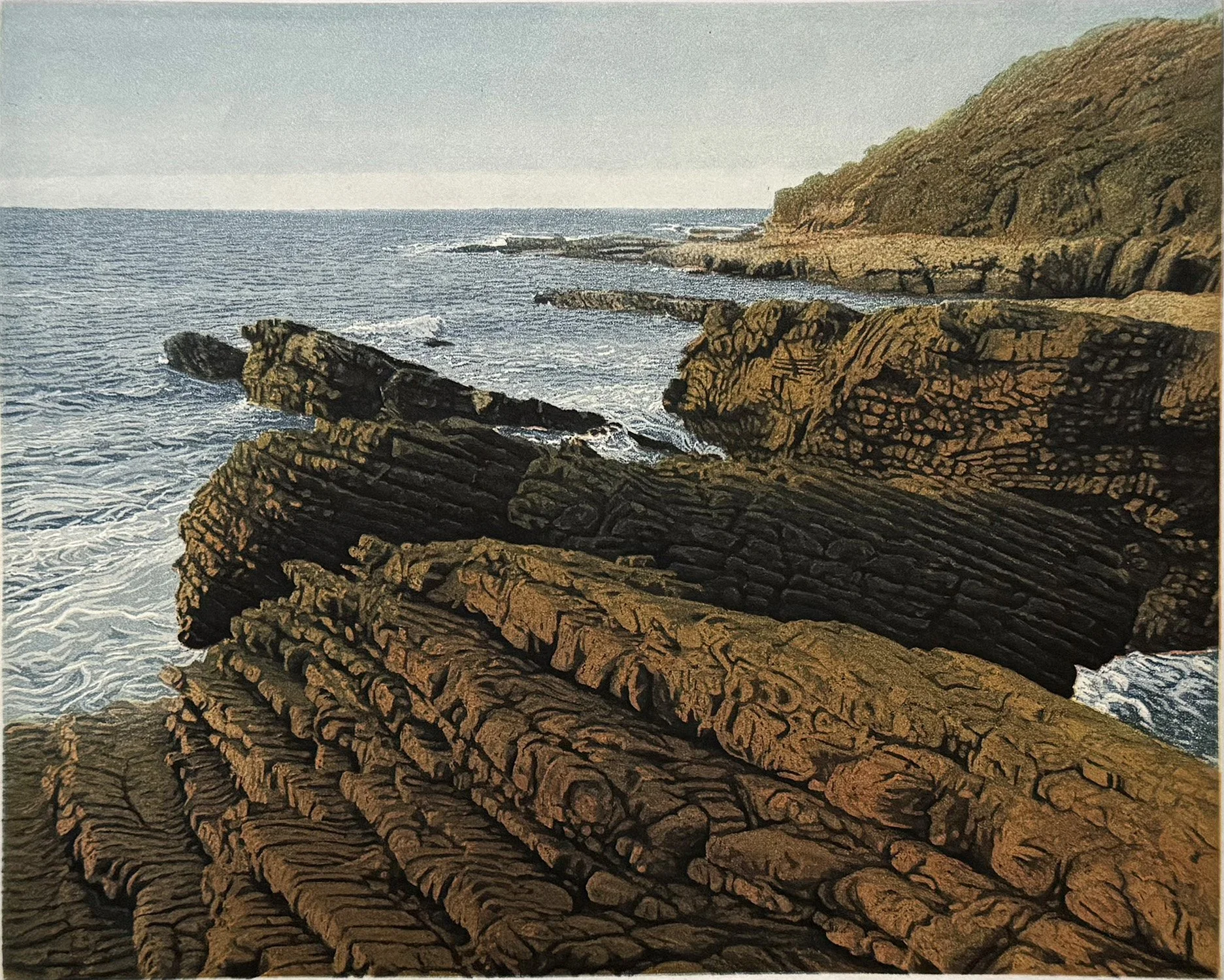 "Ocean Rocks" by Stephen McMillan. Aquatint etching. Textural study of rugged coastal rock formations and Pacific tides. Available from Warnock Fine Arts.