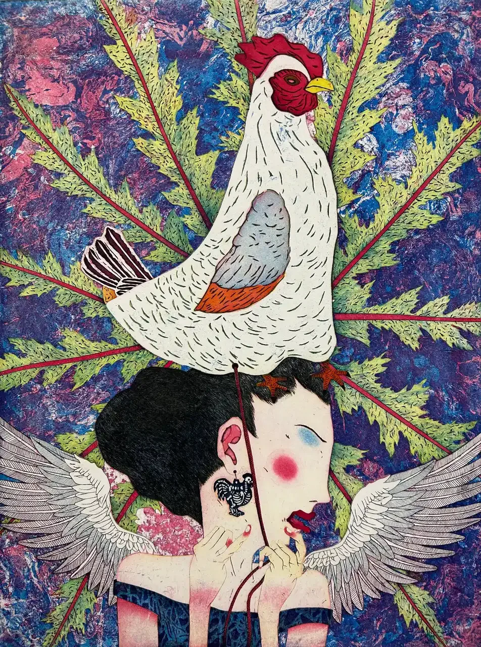 Color intaglio by Yuji Hiratsuka showing a woman with small wings and a white hen perched on her head, against a marbled blue and purple background with radiating green leaves, 2025.