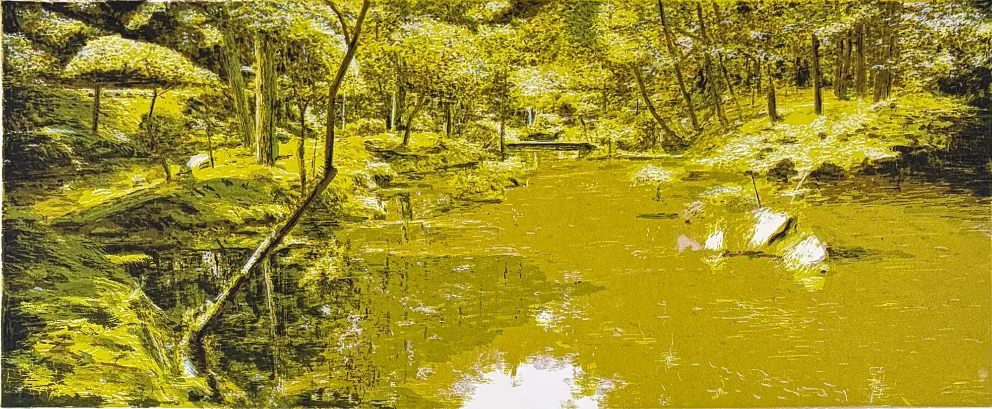 Silkscreen by Stephen Lawlor depicting luminous landscape with reflective water and dense foliage rendered in layered tonal fields.