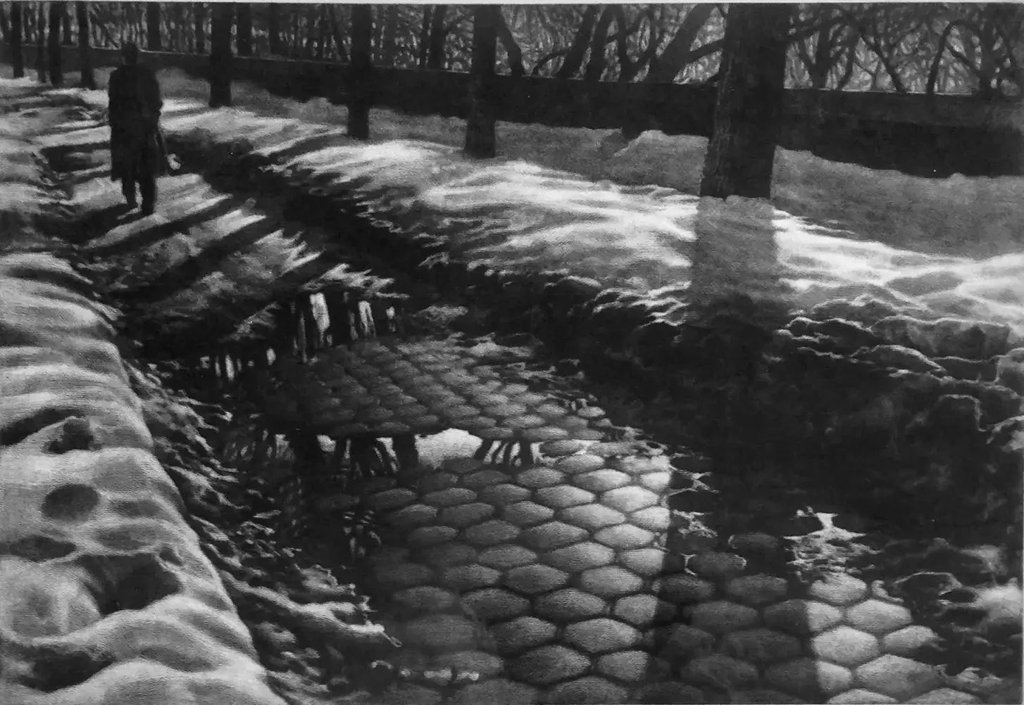 Art Werger mezzotint of New York sidewalk with snow on the ground