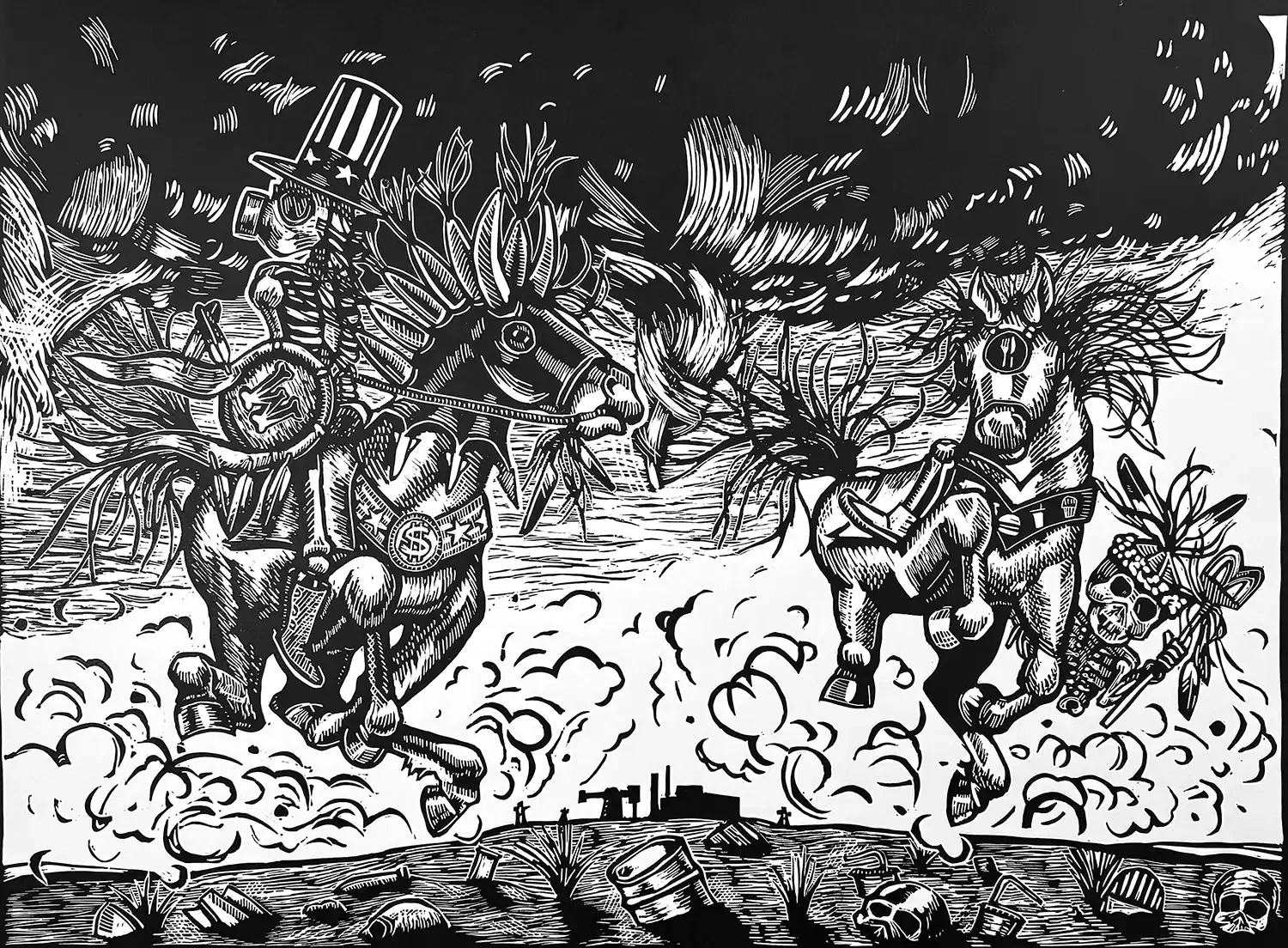 The twin horseman of nationalism and capitalism rampaging the land for resources