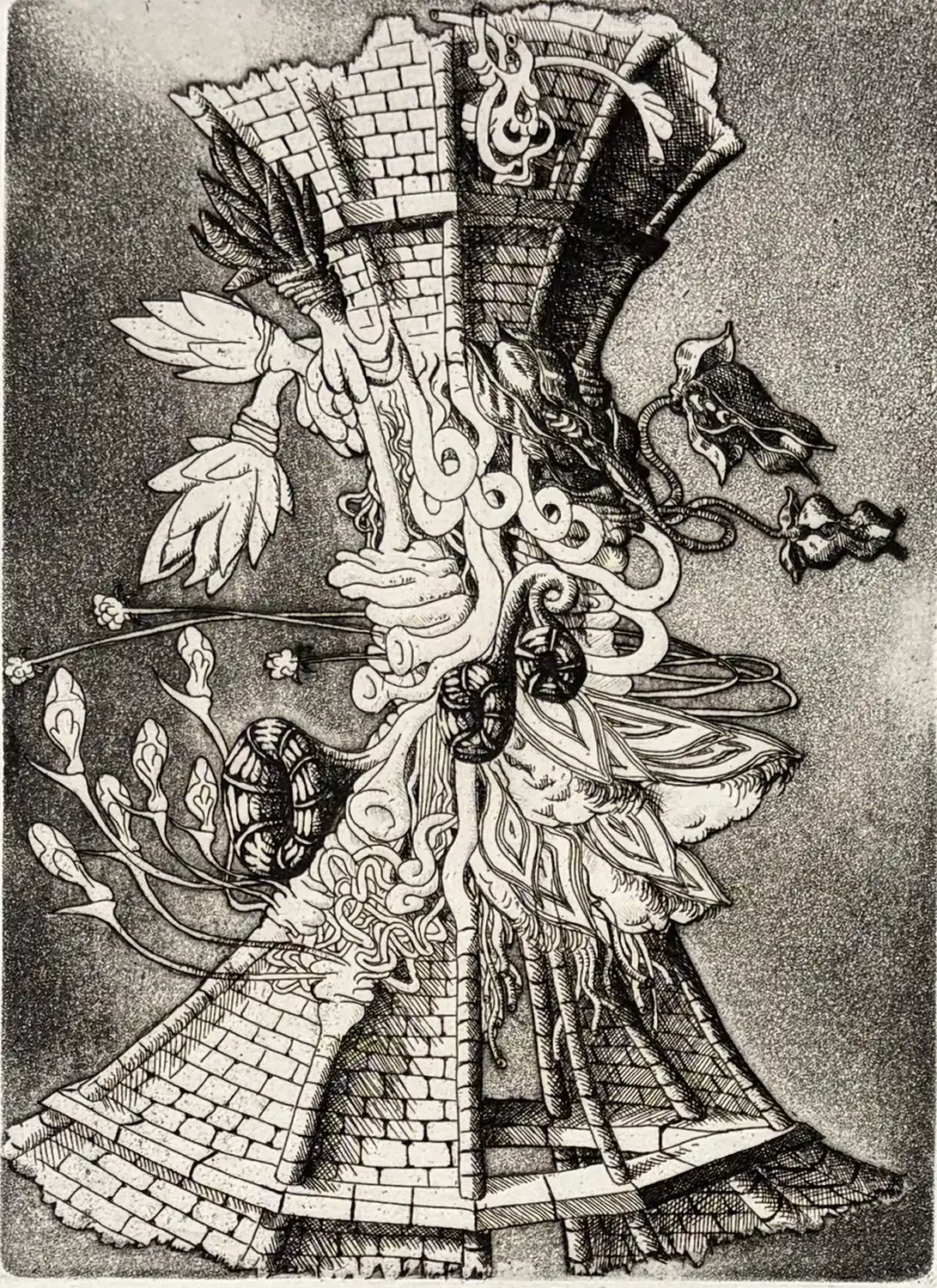 Etching by François Houtin titled Molvout, depicting a fantastical form that combines elements of architecture and vegetation, with flowing vines and brick-like structures.