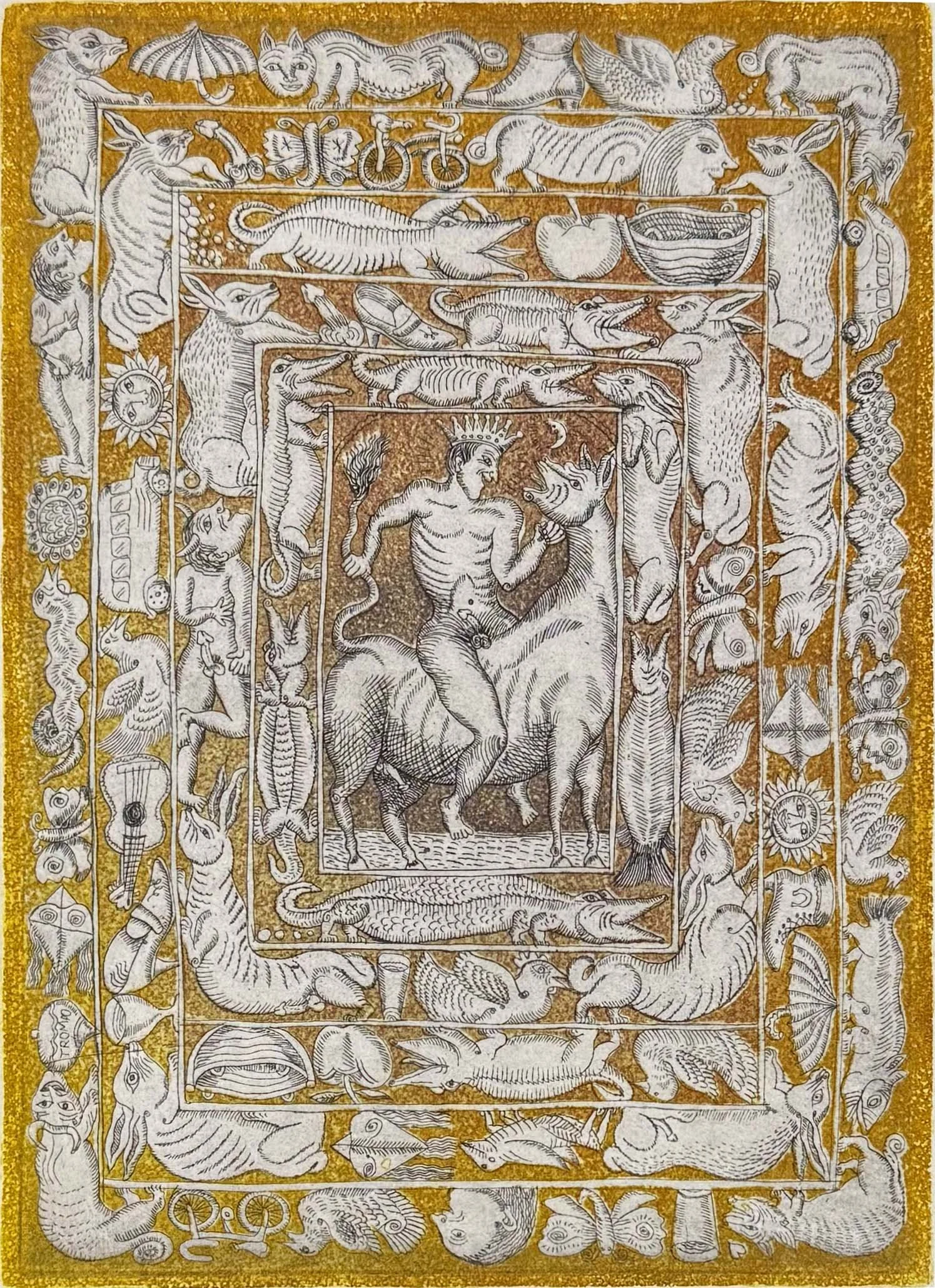 Etching by Maximino Javier depicting a horseman surrounded by animals and ornate decorative imagery.