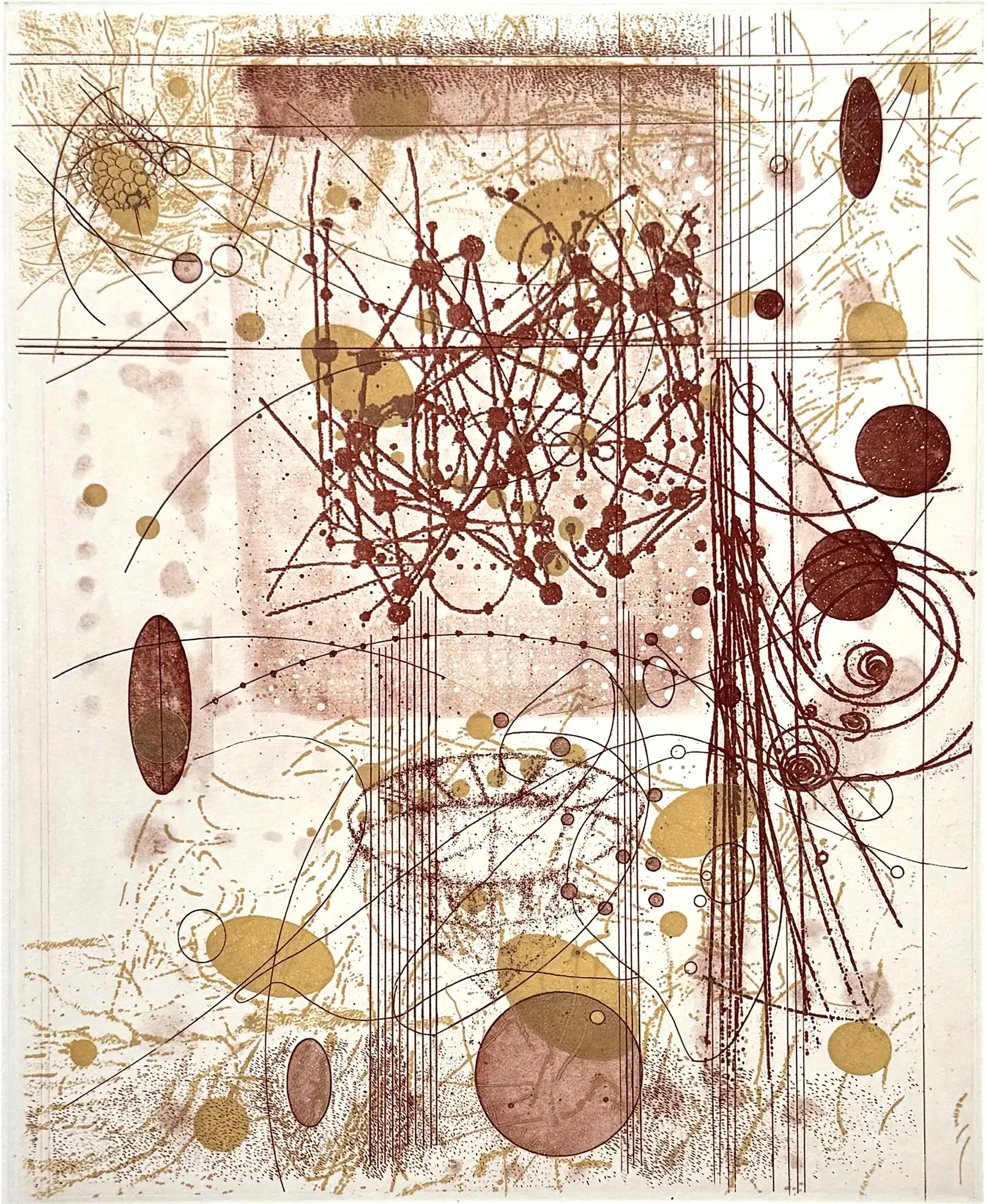 Rosalyn Richards Orbits abstract intaglio print with circular motion