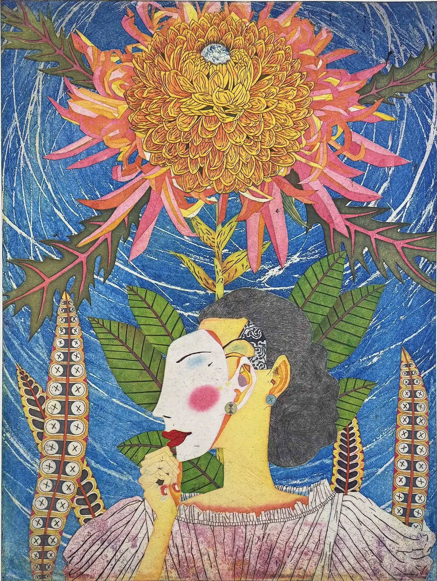 Large blossom over a geisha with facemask