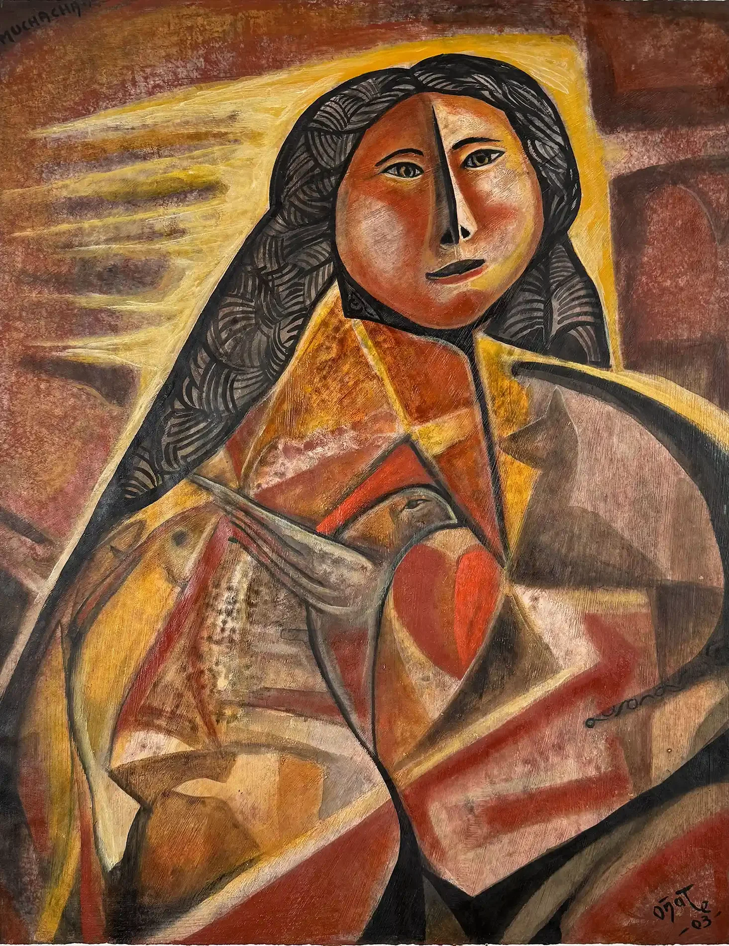 Muchacha, abstracted image of young woman with doves