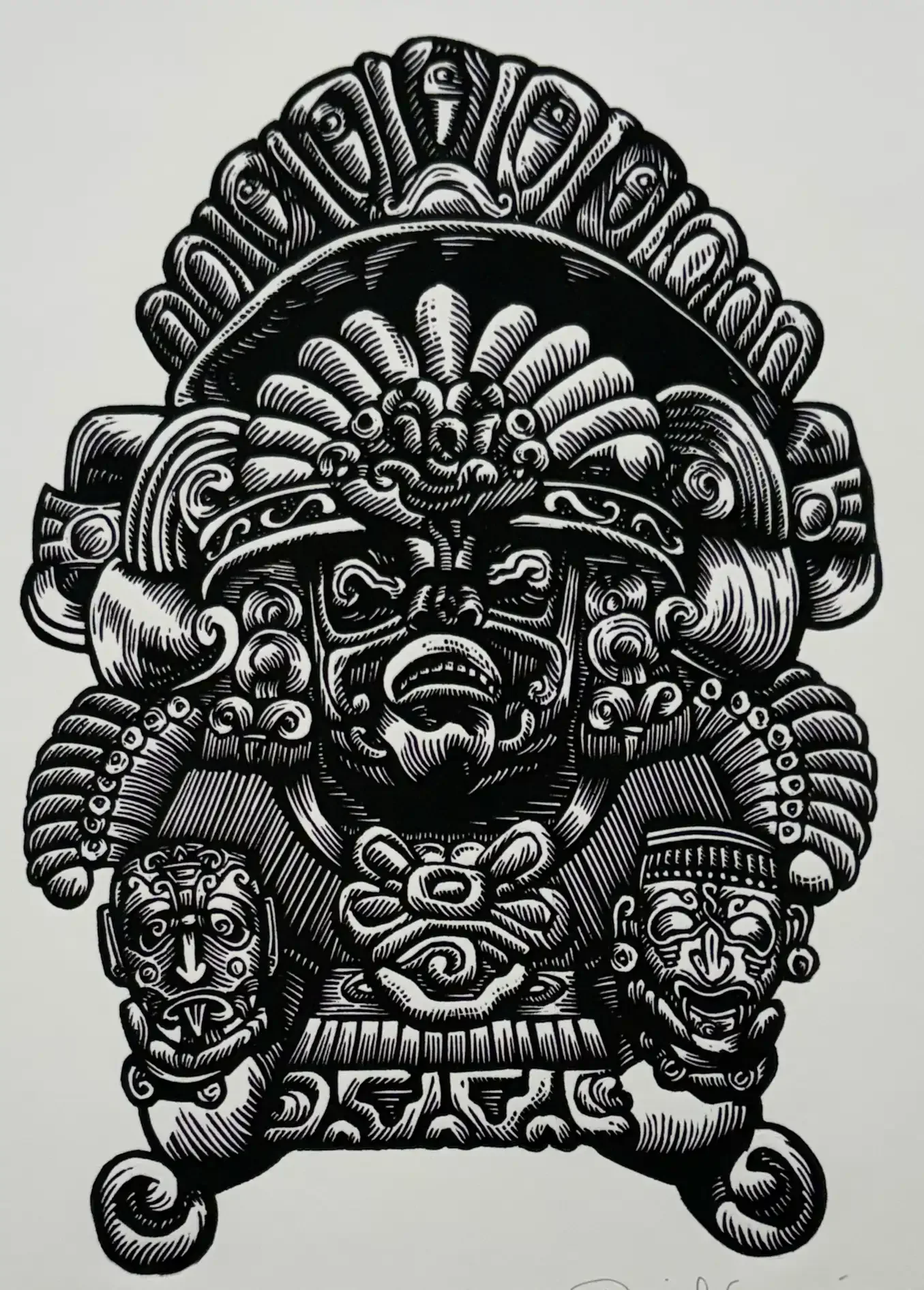 linocut of the Zapotec god Cocina, by Daniel Gonzalez