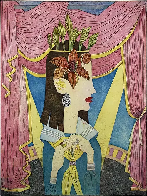 Yuji Hiratsuka Carnival Circus chine collé color intaglio print with female figure flowers and pink theatrical curtains