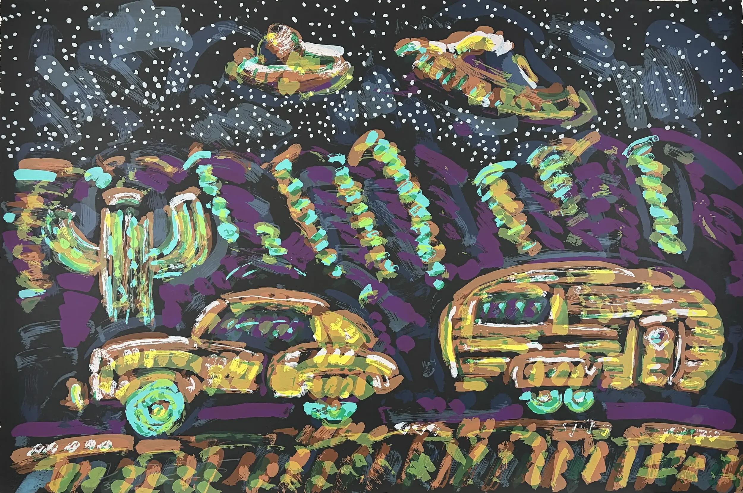 Frank Romero, Flying Saucer over Roswell, New Mexico, colorful print of cars, desert cacti and UFOs beneath a star-filled night sky