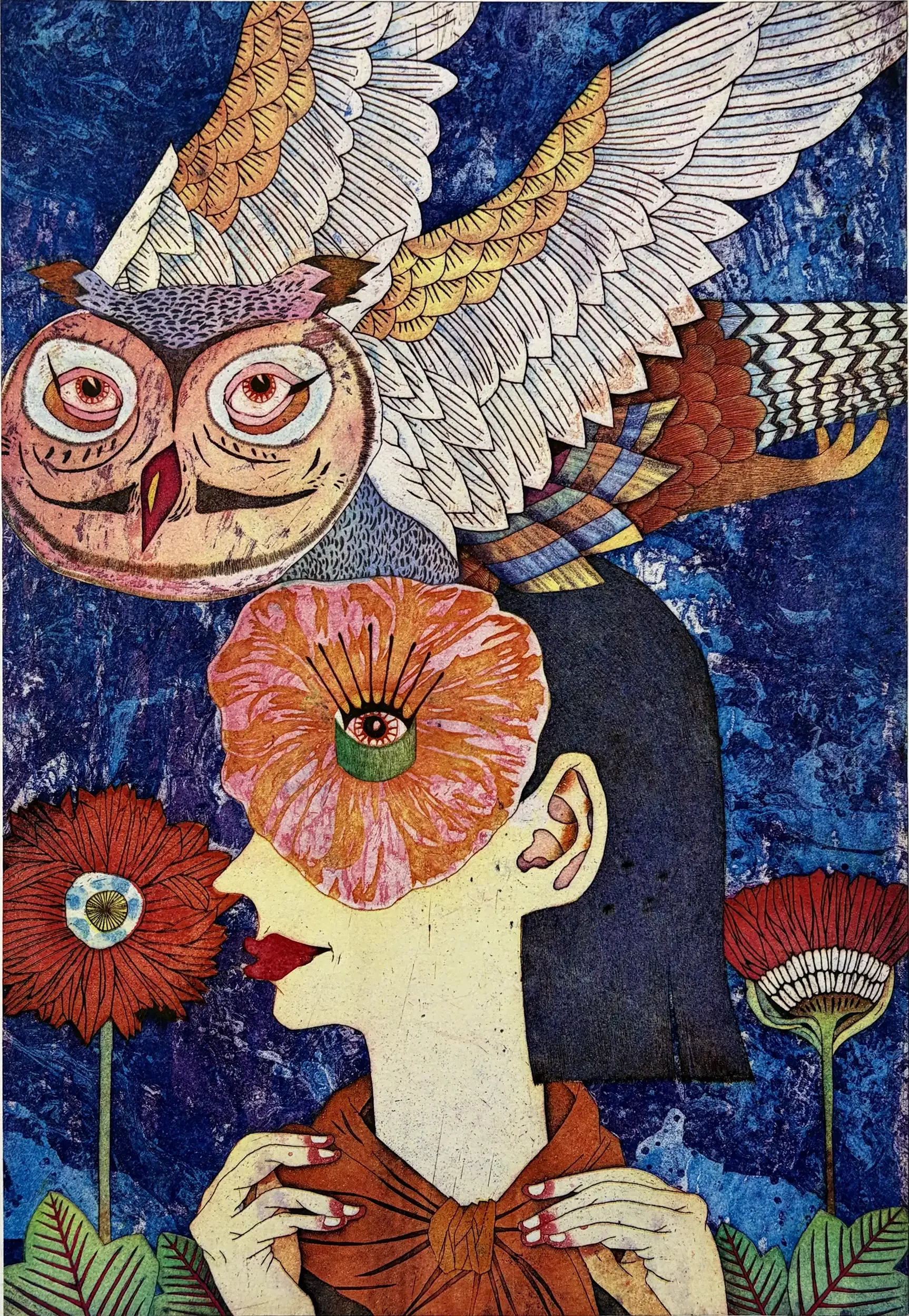 Yuji Hiratsuka Nocturnal Vision original chine collé color intaglio print with owl woman and symbolic flower eye