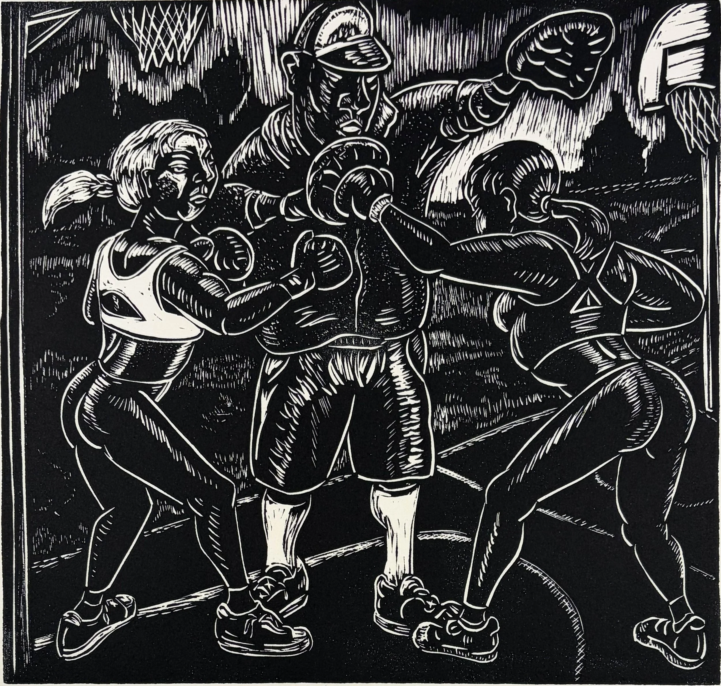 Art Hazelwood Boxing Practice in the Park linocut depicting two young boxers sparring with a coach on an outdoor basketball court, edition 11 of 11, 2025