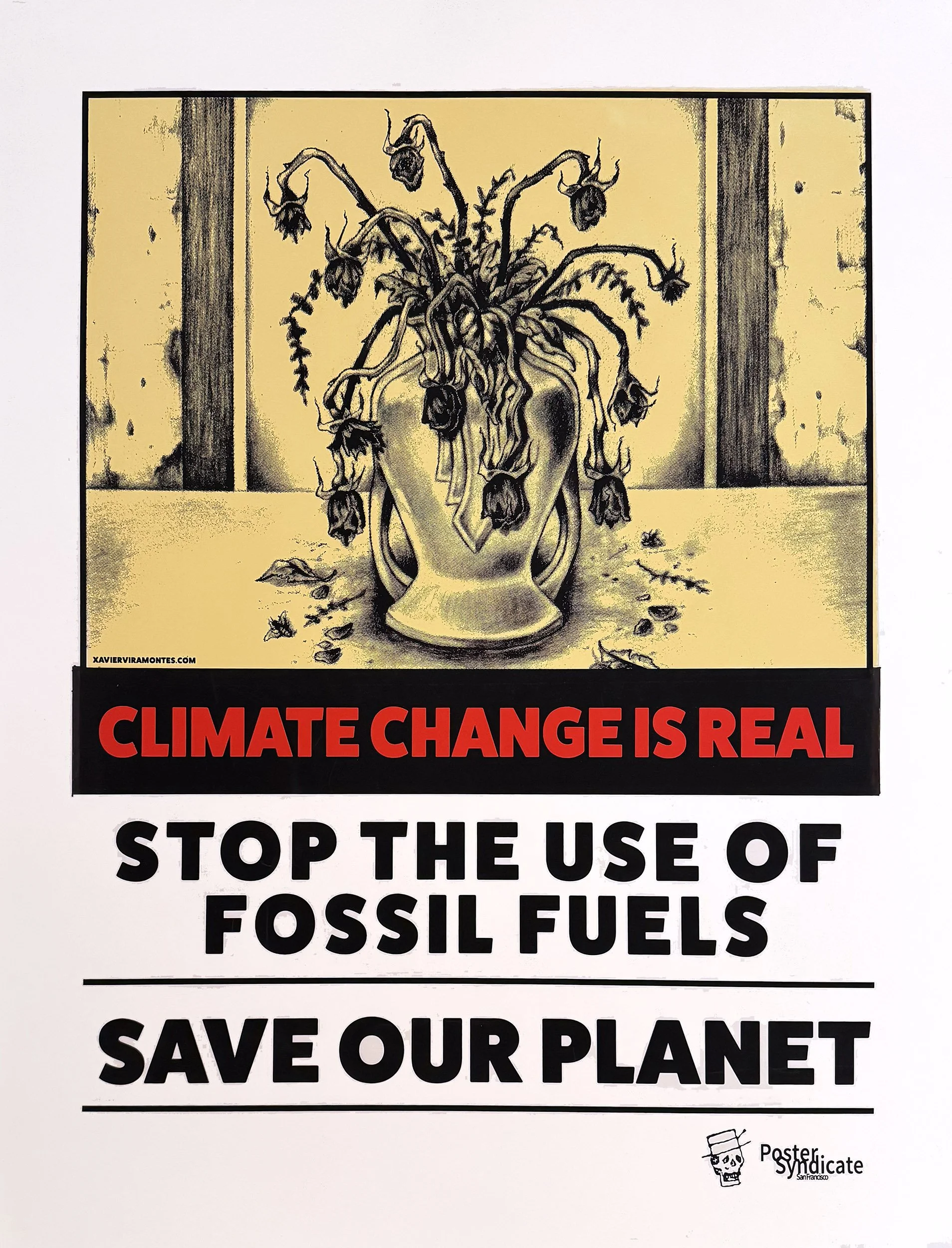 Viramontes image of a vase of withered flowers against a bleak, crumbling background—a visual metaphor for a dying planet