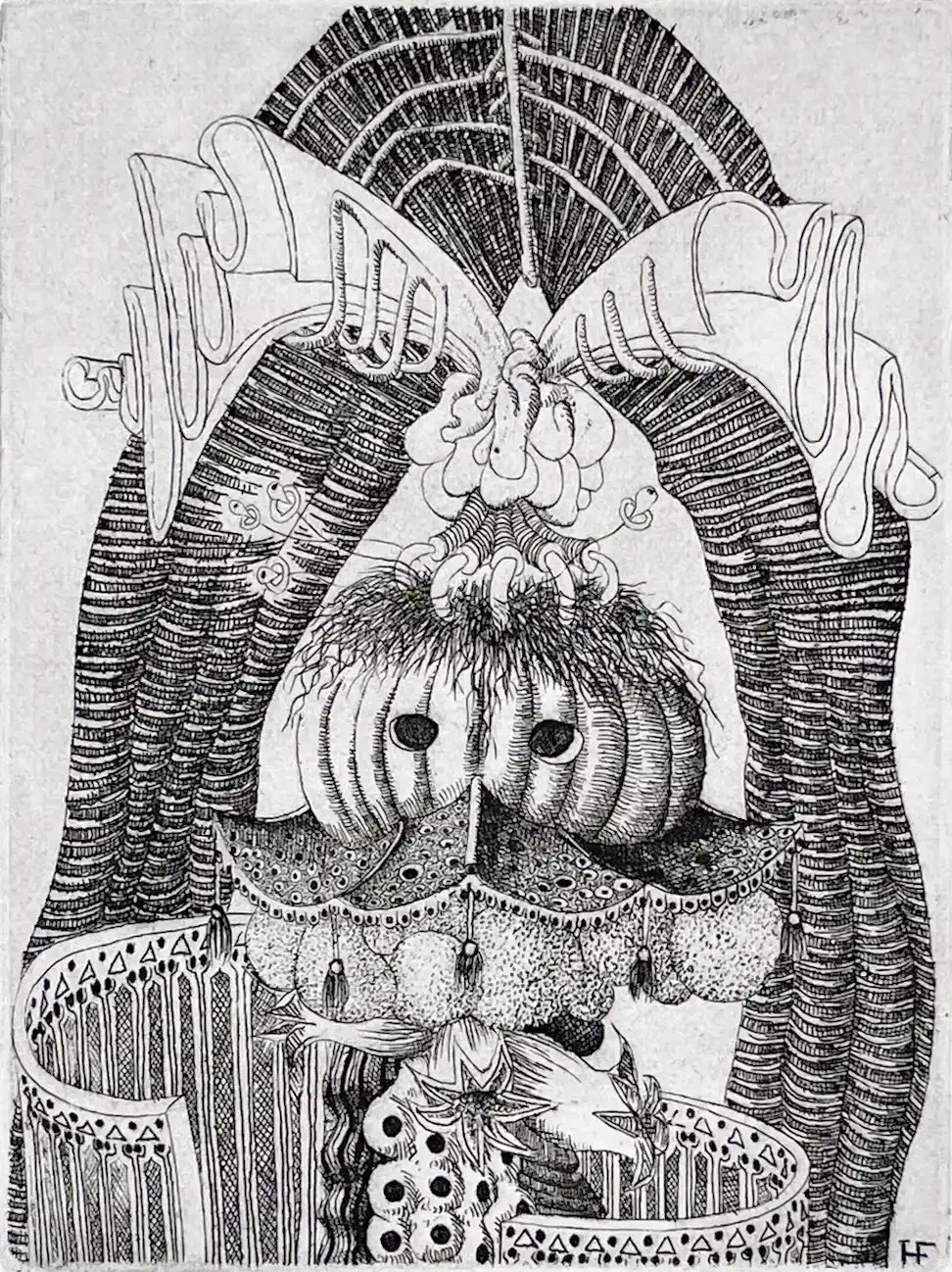 Intricate black and white etching by François Houtin  depicting a surreal figure composed of organic and architectural forms