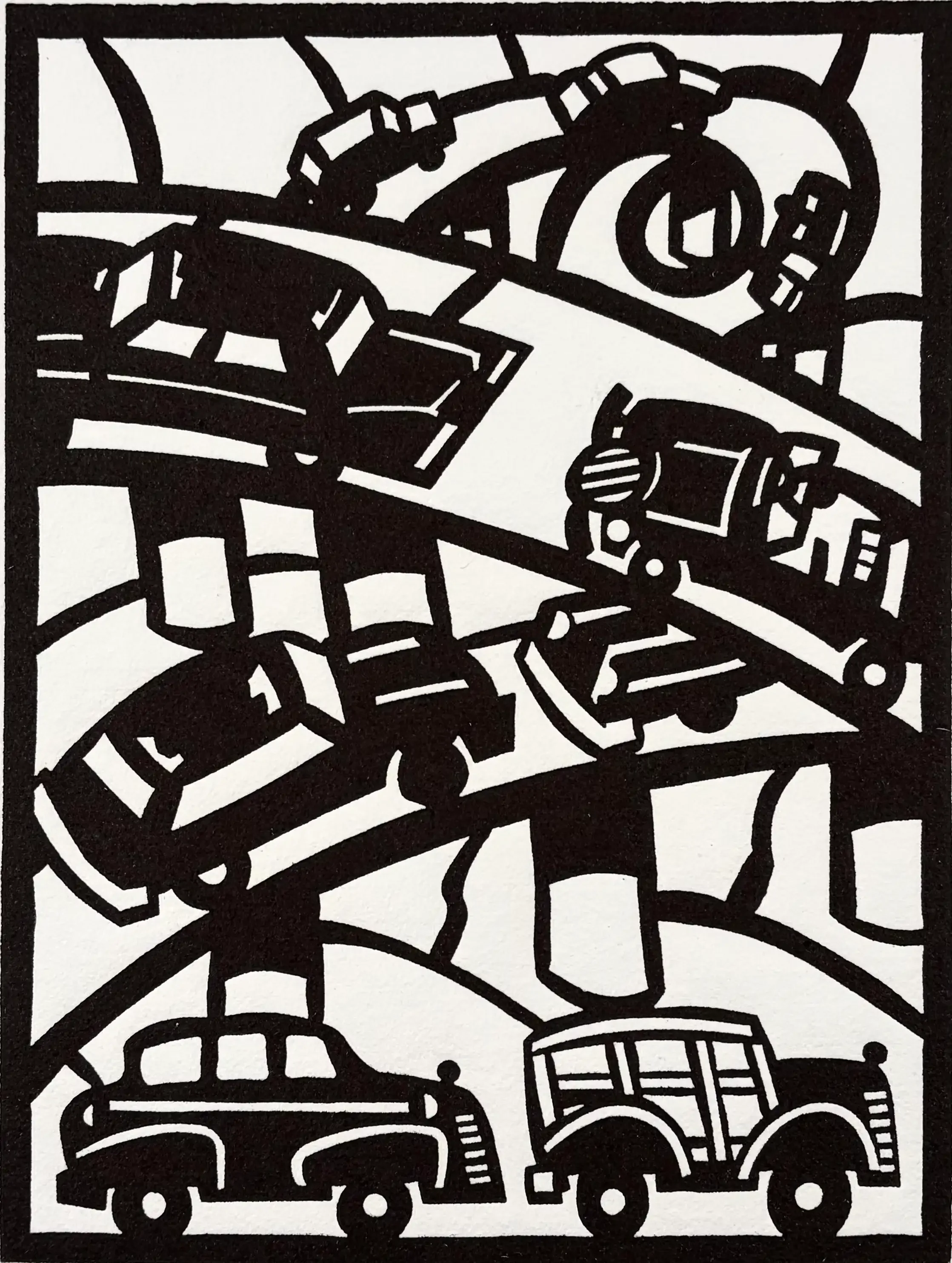 Frank Romero Freeway Traffic woodcut depicting automobiles traveling through a complex Los Angeles freeway interchange.