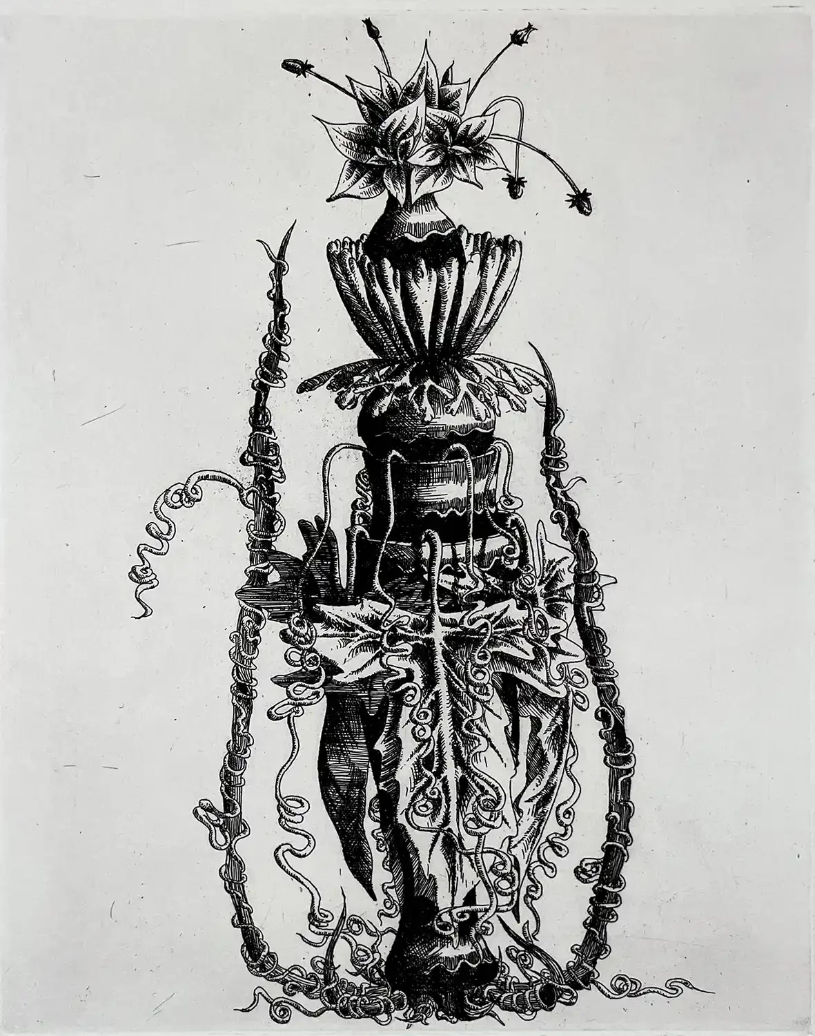 Etching by François Houtin titled Trois Plants, depicting an elaborate plant-like form with architectural details, coiling vines, and flower structures rendered in fine black and white linework.