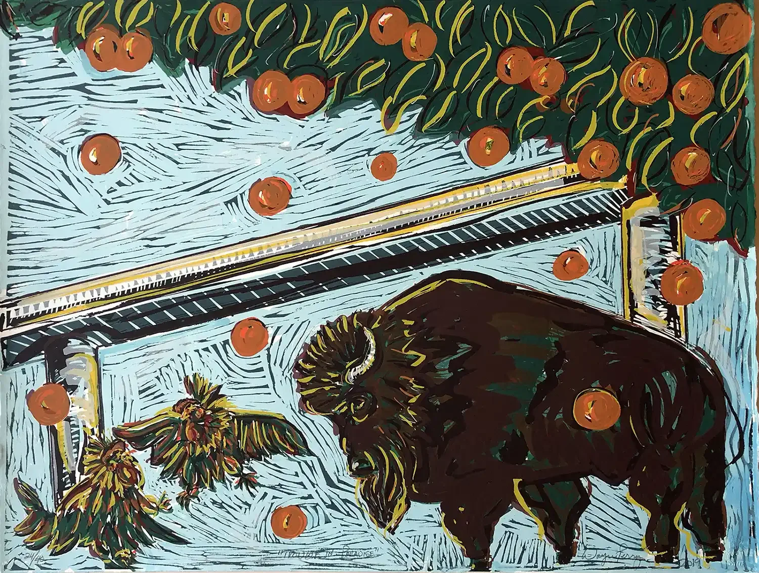 A buffalo in an orange grove underneath freeway overpass