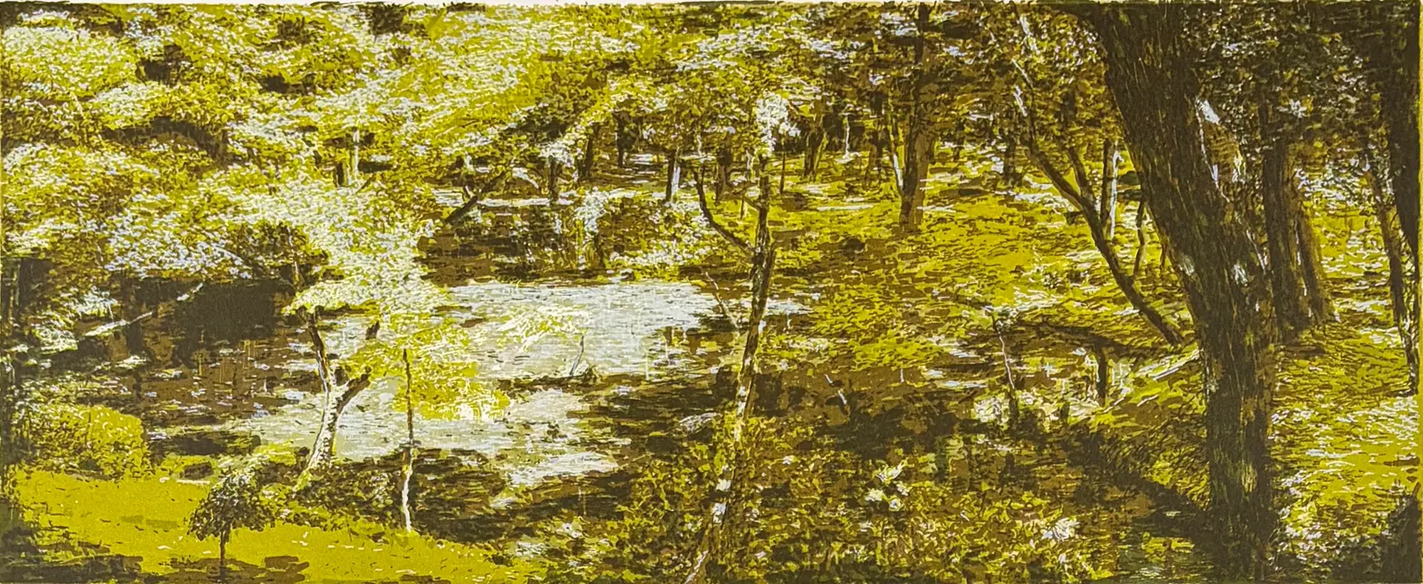 stephen-lawlor-silkscreen-A luminous landscape with reflective water and dense foliage rendered in layered tonal fields.