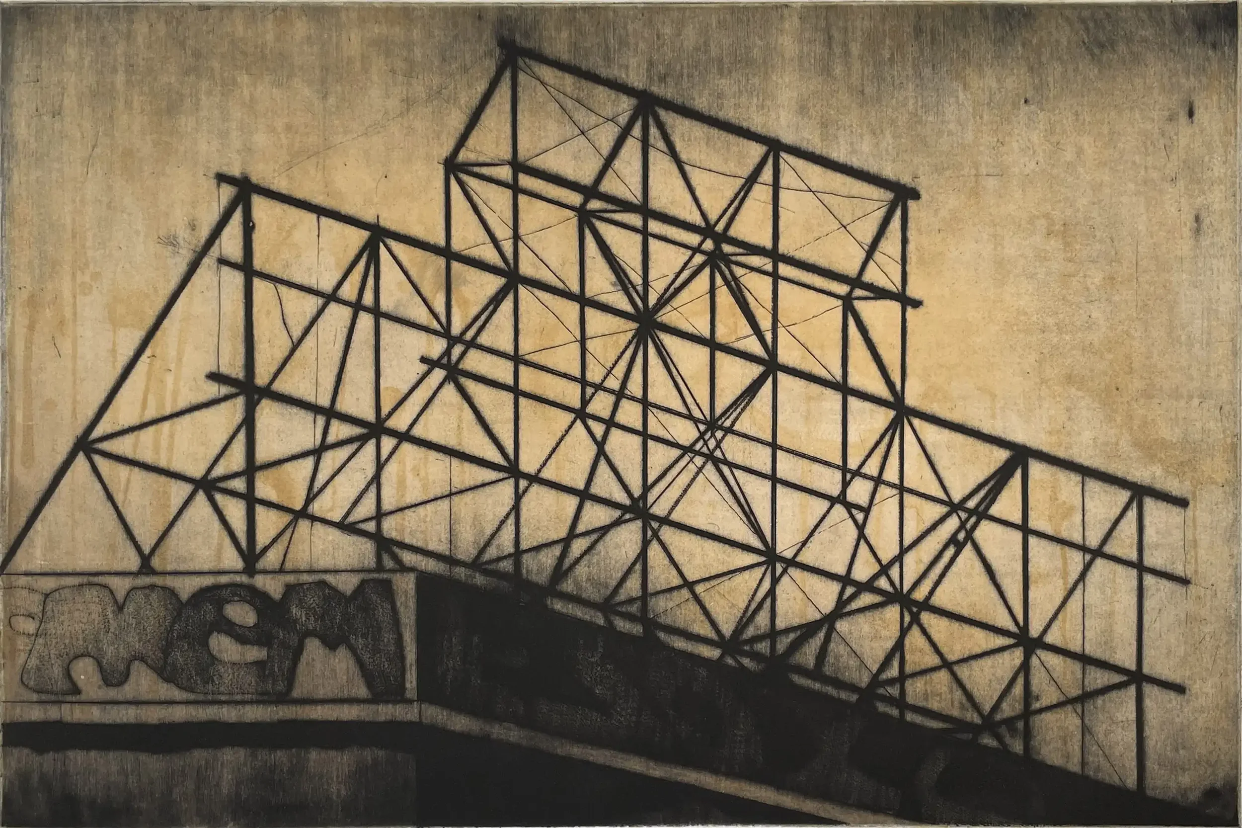 Untitled (Sign) by Jenny Robinson, drypoint and monotype of an industrial sign structure