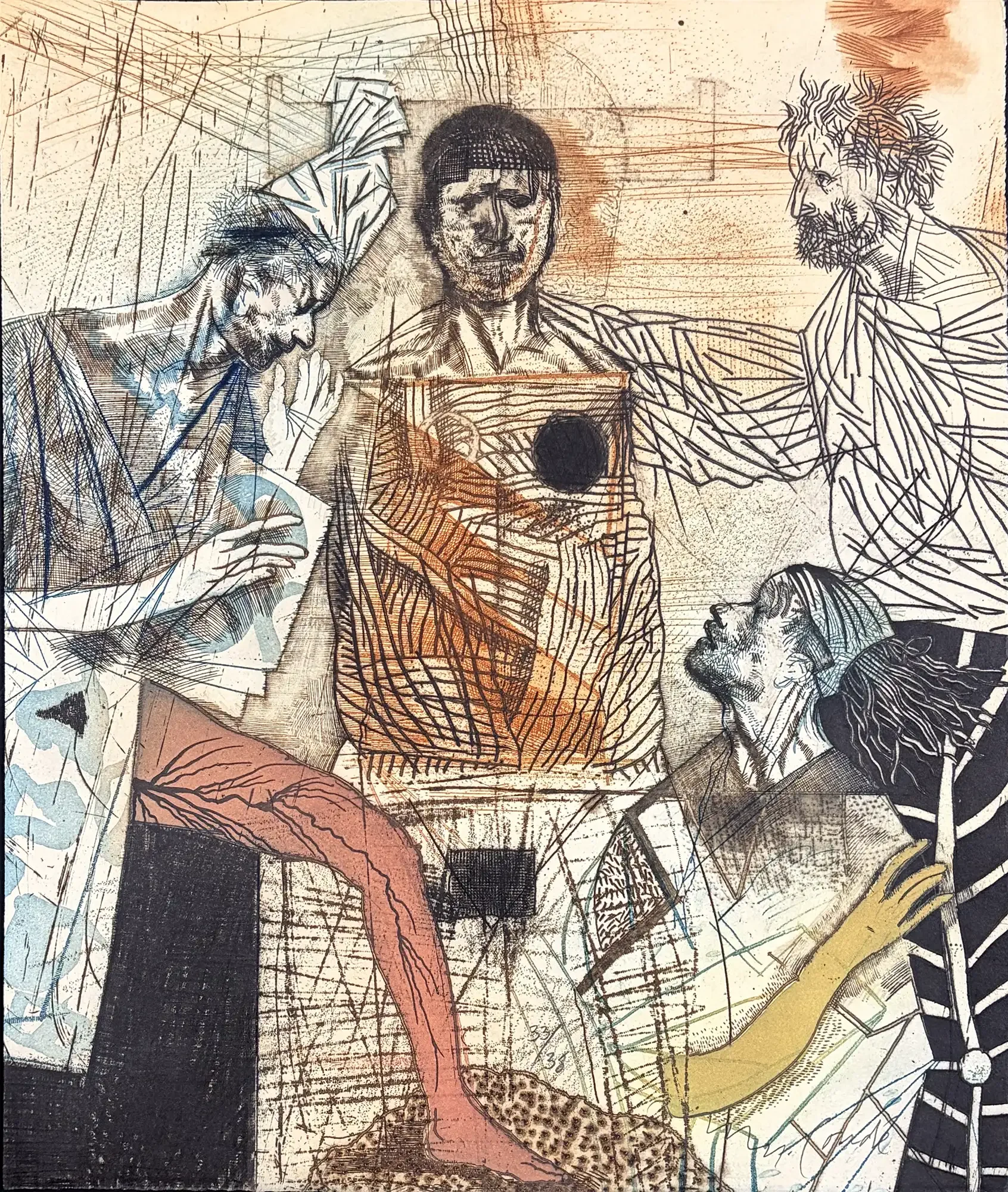 Miguel Conde Fábula de magos Fable of Magicians figurative etching, 1999.