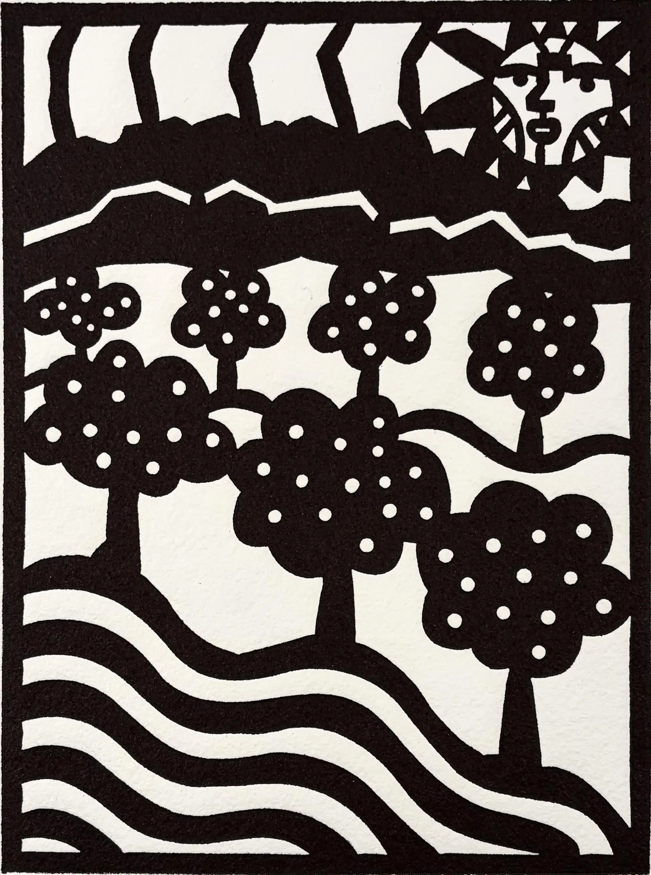 Frank Romero Orange Groves woodcut depicting citrus orchards and rolling California hills.