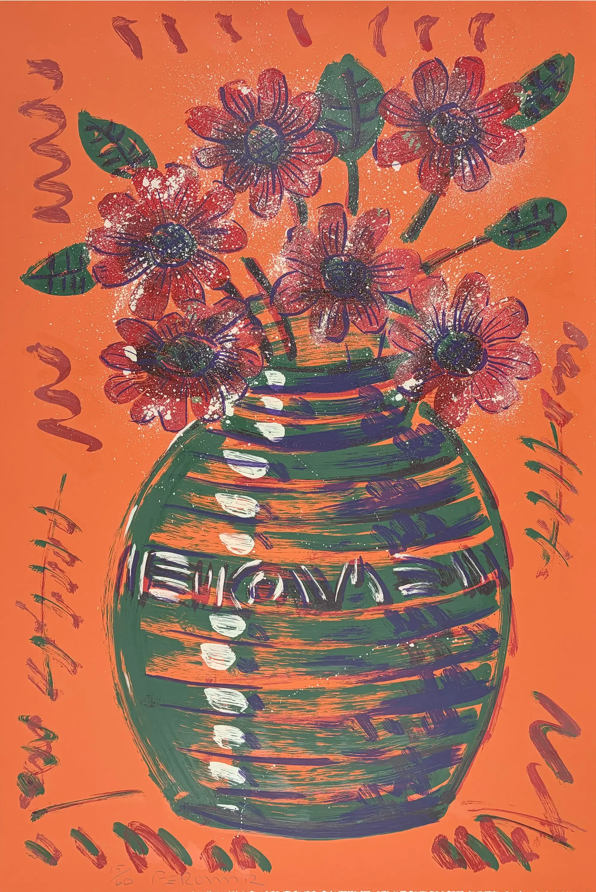 Frank Romero, Untitled (Vase With Flowers), colorful print of red and purple flowers in a green striped vase against a bright orange background