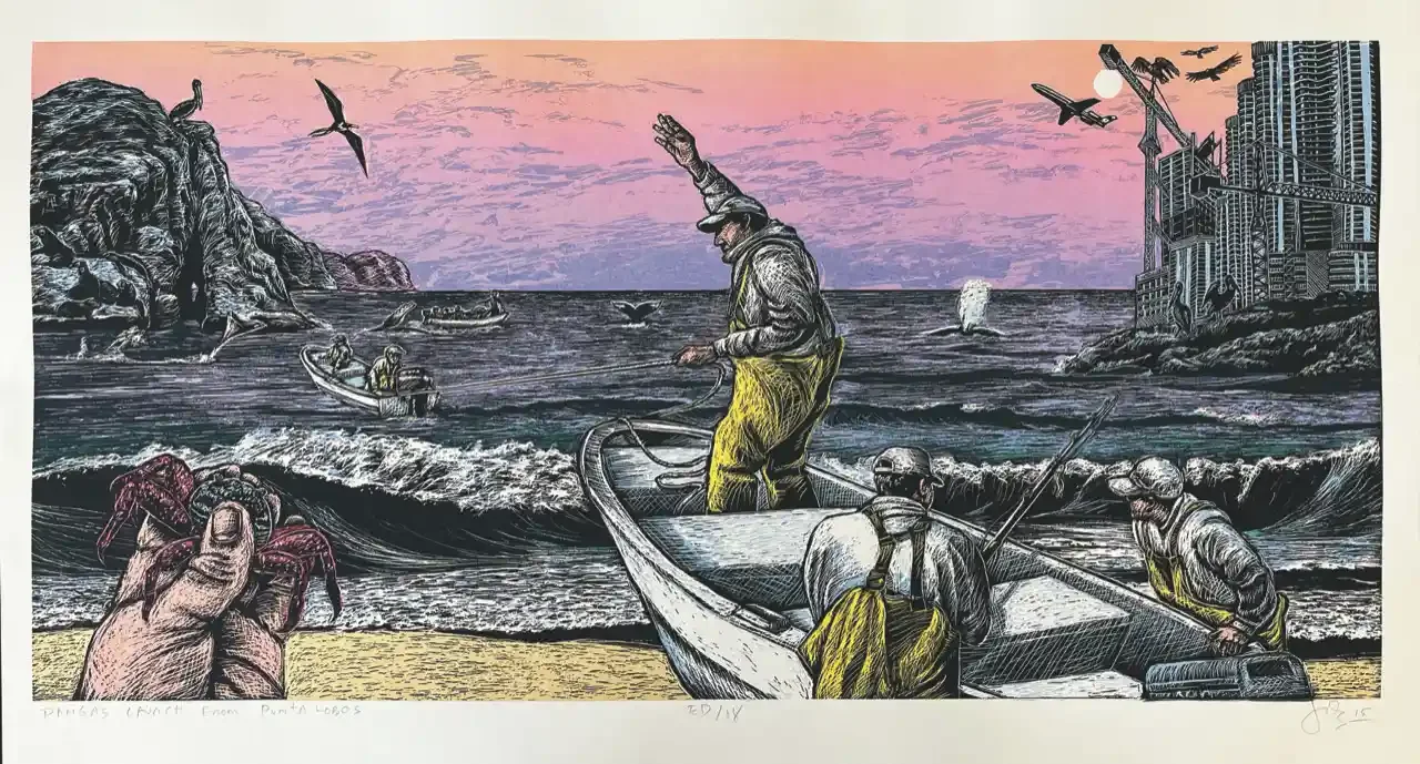 hand-colored woodcut depicting Baja fishermen launching boats against a backdrop of modern development