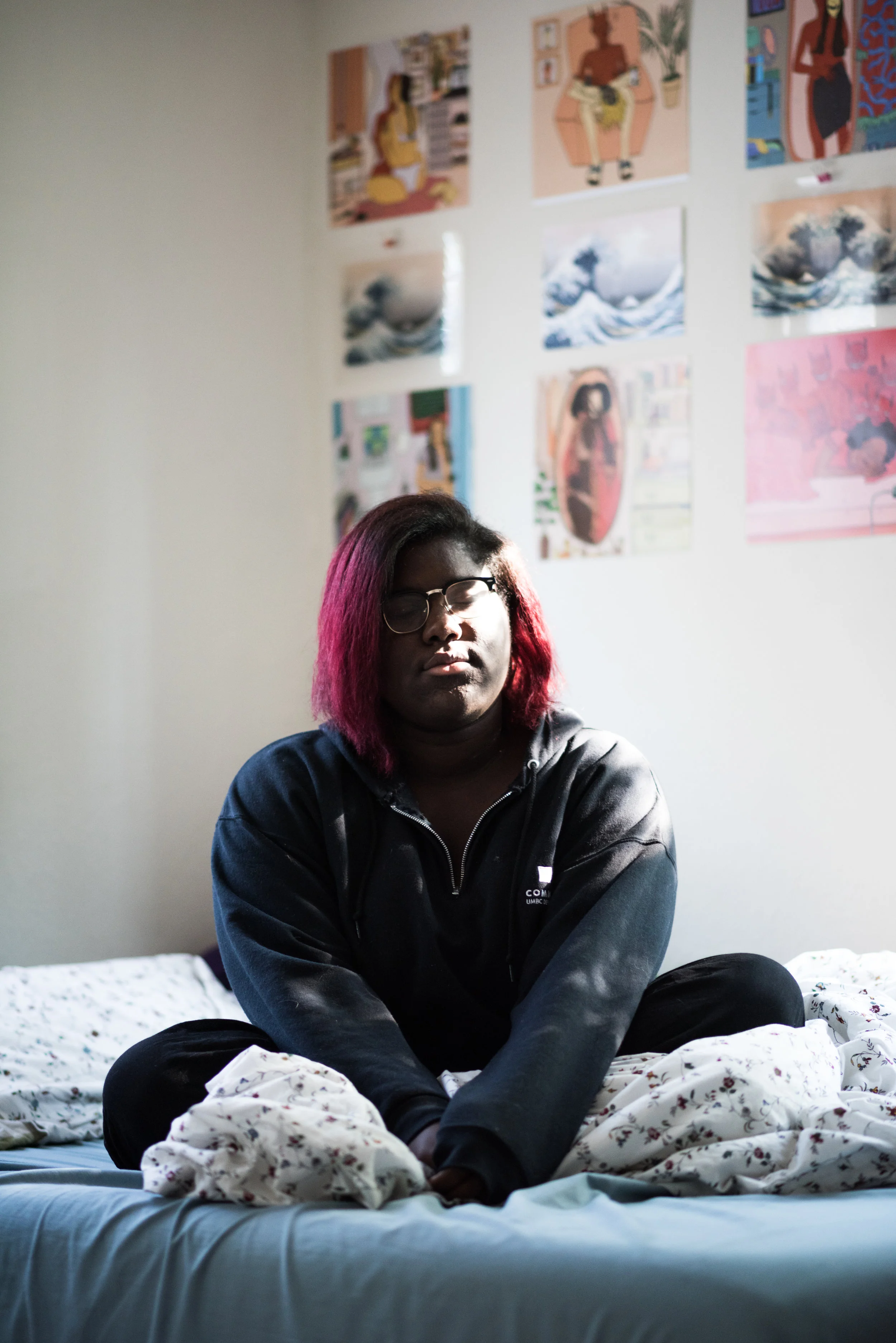 "Right when I wake up in the morning. Everyone knows that moment when they wake up and everything's okay. I never appreciated it until recently. I just moved out from my mother's home and I have my own space for the first time in a few years. In the morning, light comes in from my windows and hits spaces in the carpet. It's the first thing I see every day and as weird as it is it makes me feel at peace."