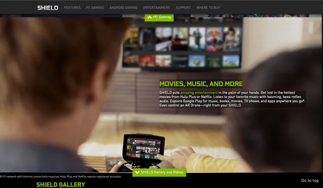 photo from Nvidia's website of the heads of a couple viewing the same screen image on their Shield and the TV in the background