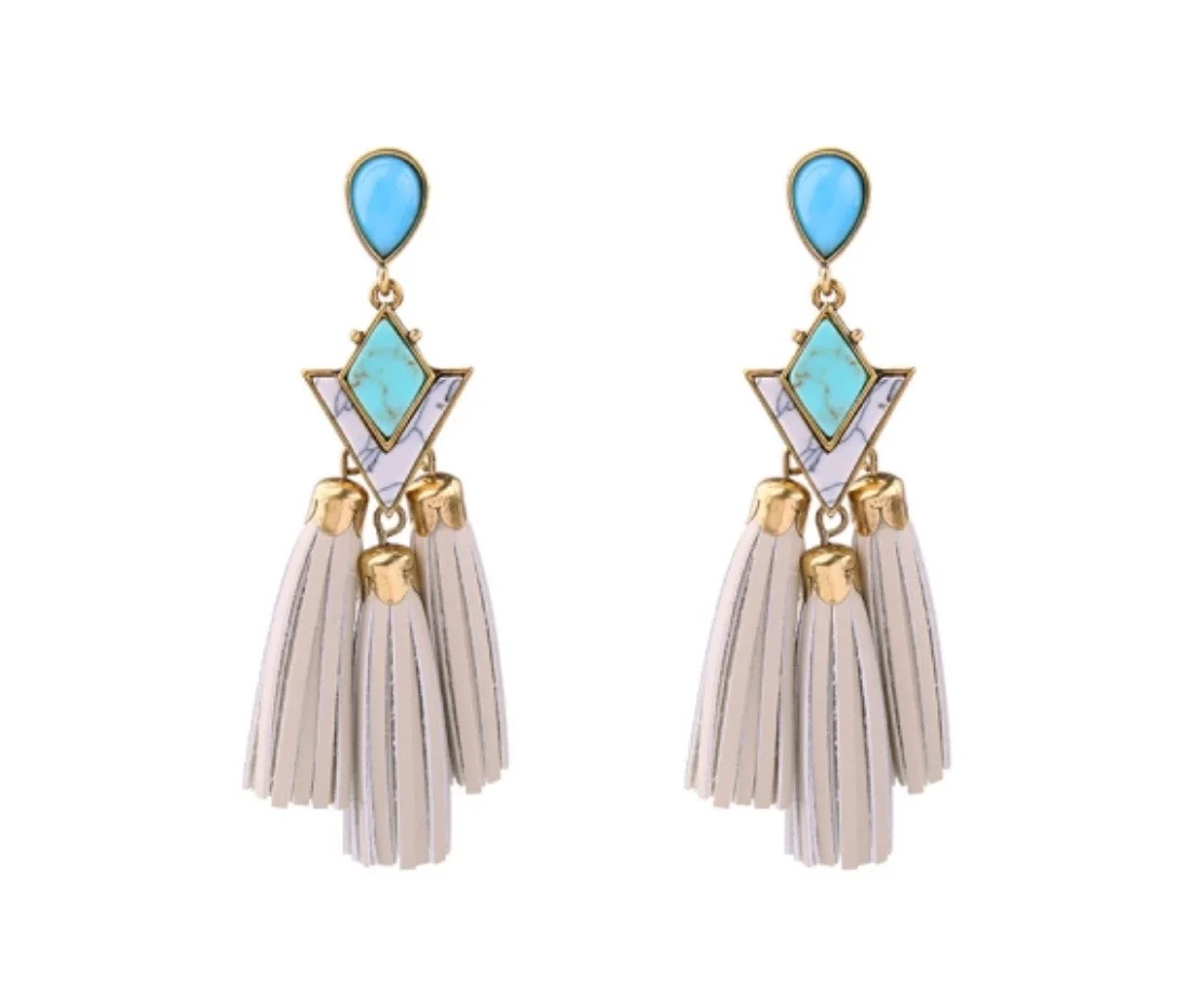 Blue Gem 3-Tassel Pendant Earring