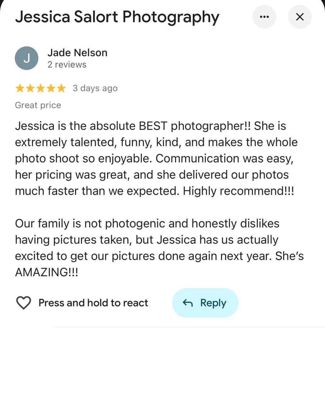 Check out my latest reviews! Only two more to go to reach 200. I&rsquo;m so excited to reach that milestone. 

Thank you so much for all your support over the years! 🤎 #familymoments #photography #NavarreBeachPhotography #jessicasalort #navarrebeach