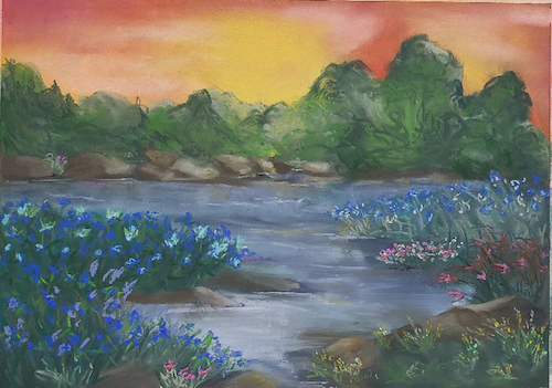 Lake Sunset Painting, Blue Landscape Watercolor Painting, Or